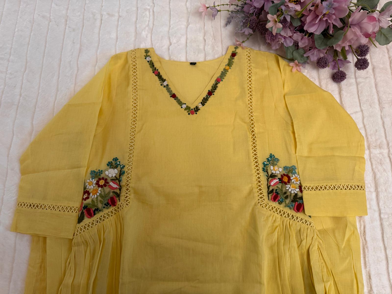 Yellow A- Line Dress Mul cotton