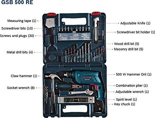 BOSCH GSB 500 W RE / 600 W RE Corded Electric Impact Drill with Wrapset Kit, 600 W, 3000 RPM.