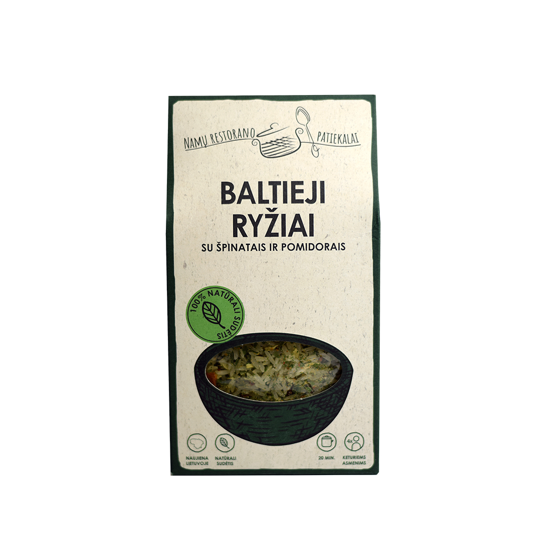 BALTIEJI RYŽIAI su špinatais ir pomidorais, 250 g