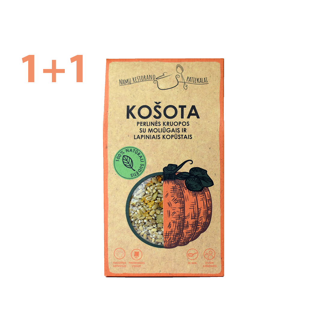 KOŠOTA Perlinės kruopos su moliūgu ir lapiniais kopūstais 1+1