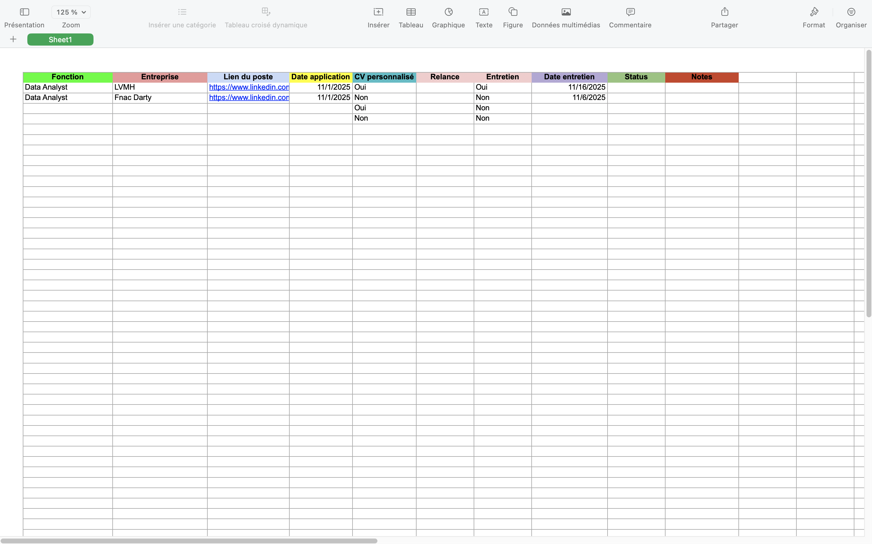 Tableau de suivi des CV