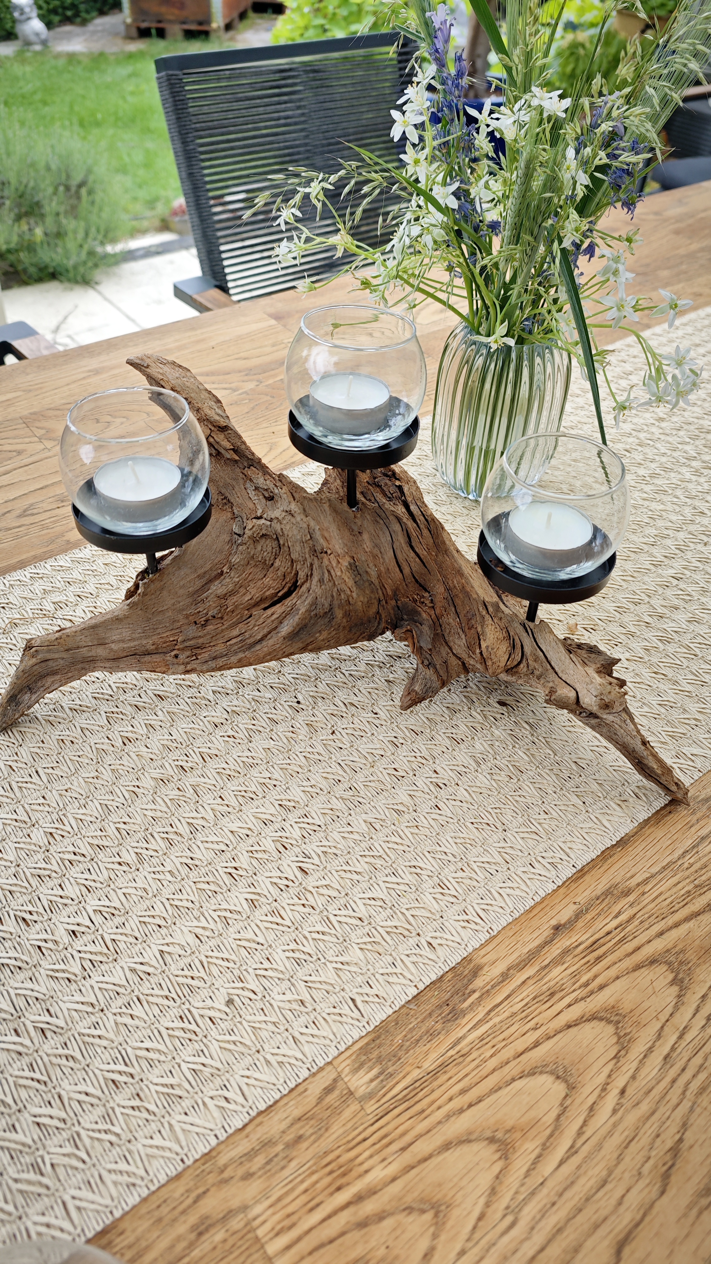 Windlicht aus Wurzelholz 3 Kerzenhalter schwarz