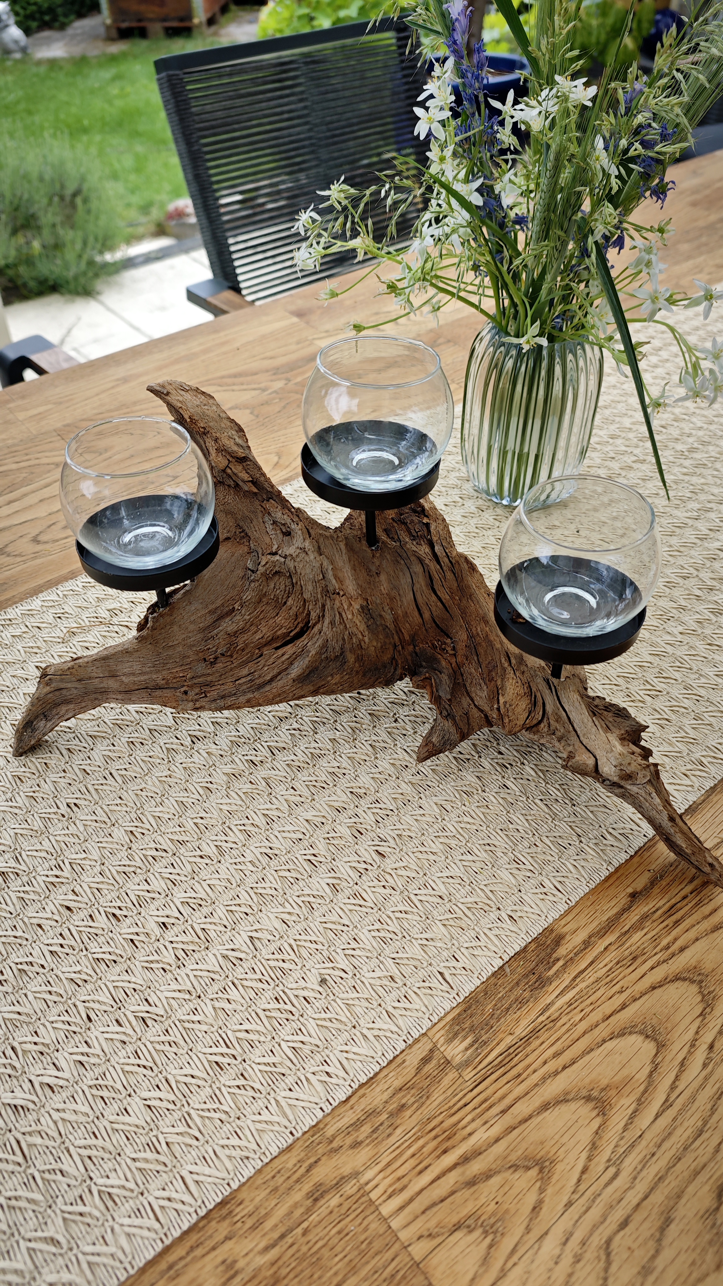 Windlicht aus Wurzelholz 3 Kerzenhalter schwarz