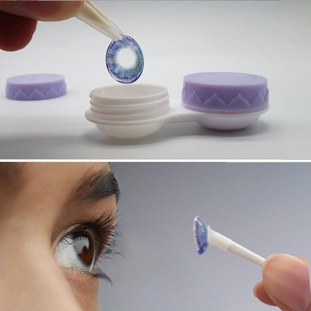 Contact Lens Case with Cleaner Washer, Travel Size Cute Colored Contact Lenses Applicator Removal Tool Kit with Mirror Solution Bottle for Daily Outdoor (Purple)