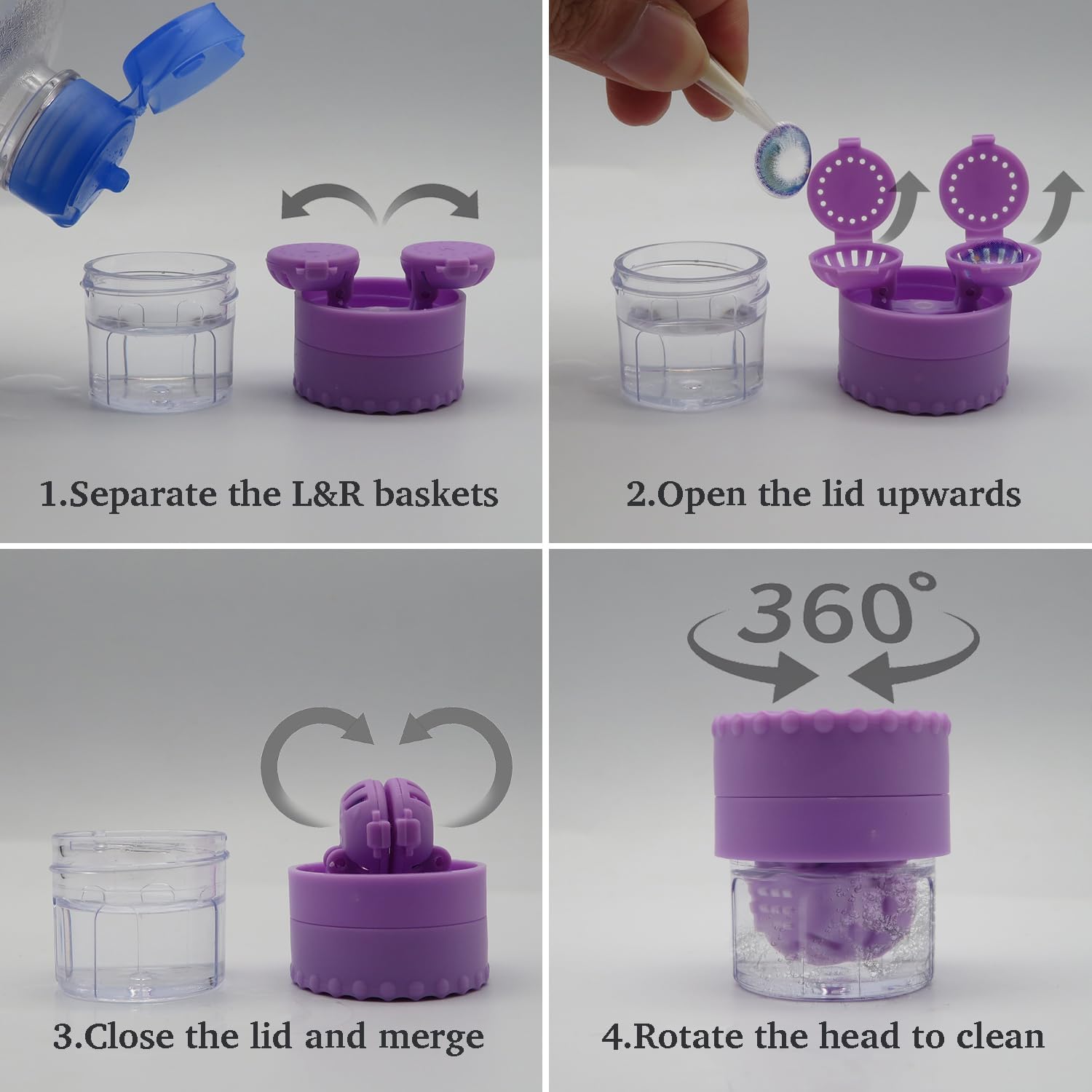 Contact Lens Case with Cleaner Washer, Travel Size Cute Colored Contact Lenses Applicator Removal Tool Kit with Mirror Solution Bottle for Daily Outdoor (Purple)