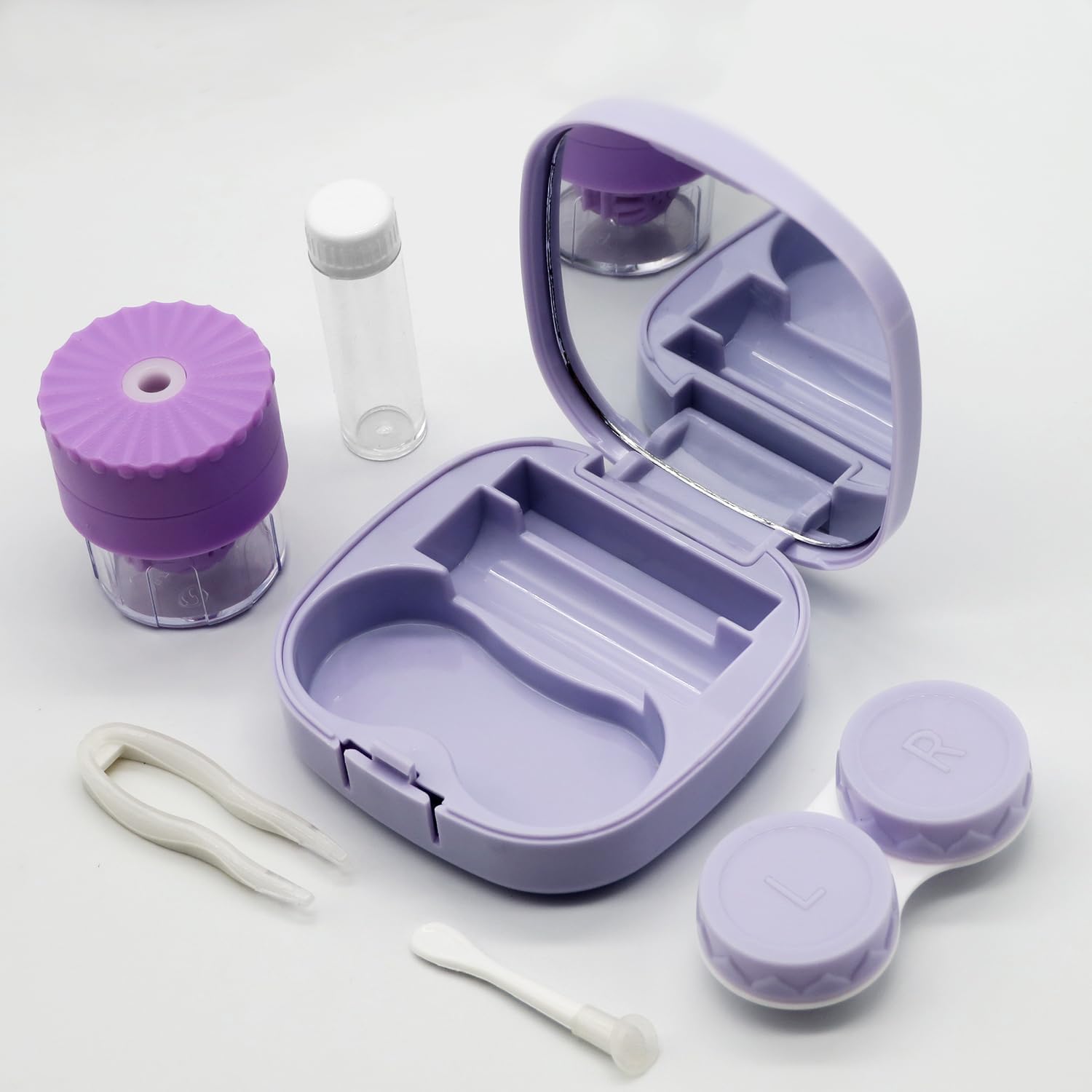 Contact Lens Case with Cleaner Washer, Travel Size Cute Colored Contact Lenses Applicator Removal Tool Kit with Mirror Solution Bottle for Daily Outdoor (Purple)