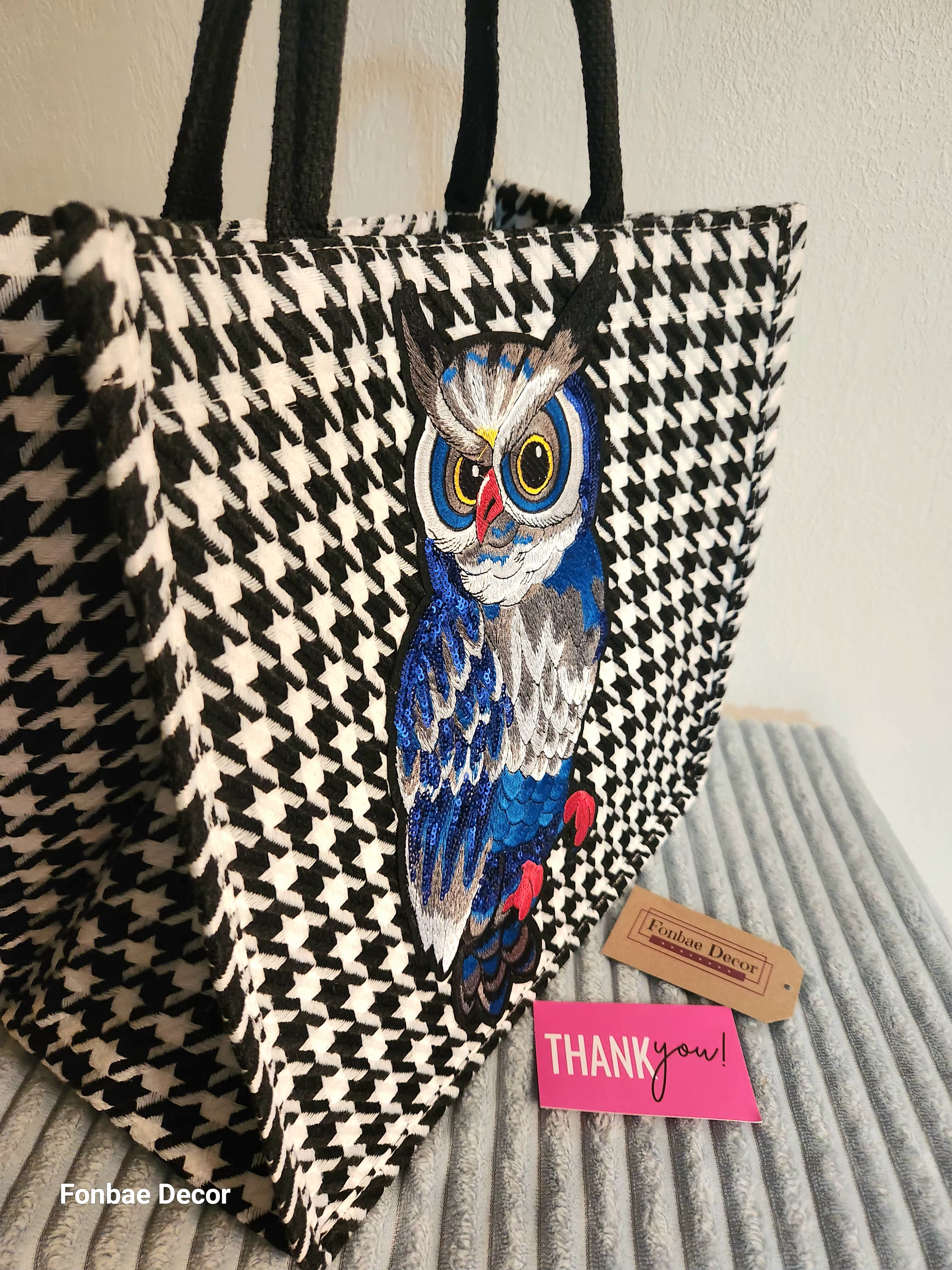 Houndstooth Owl Tote Bag