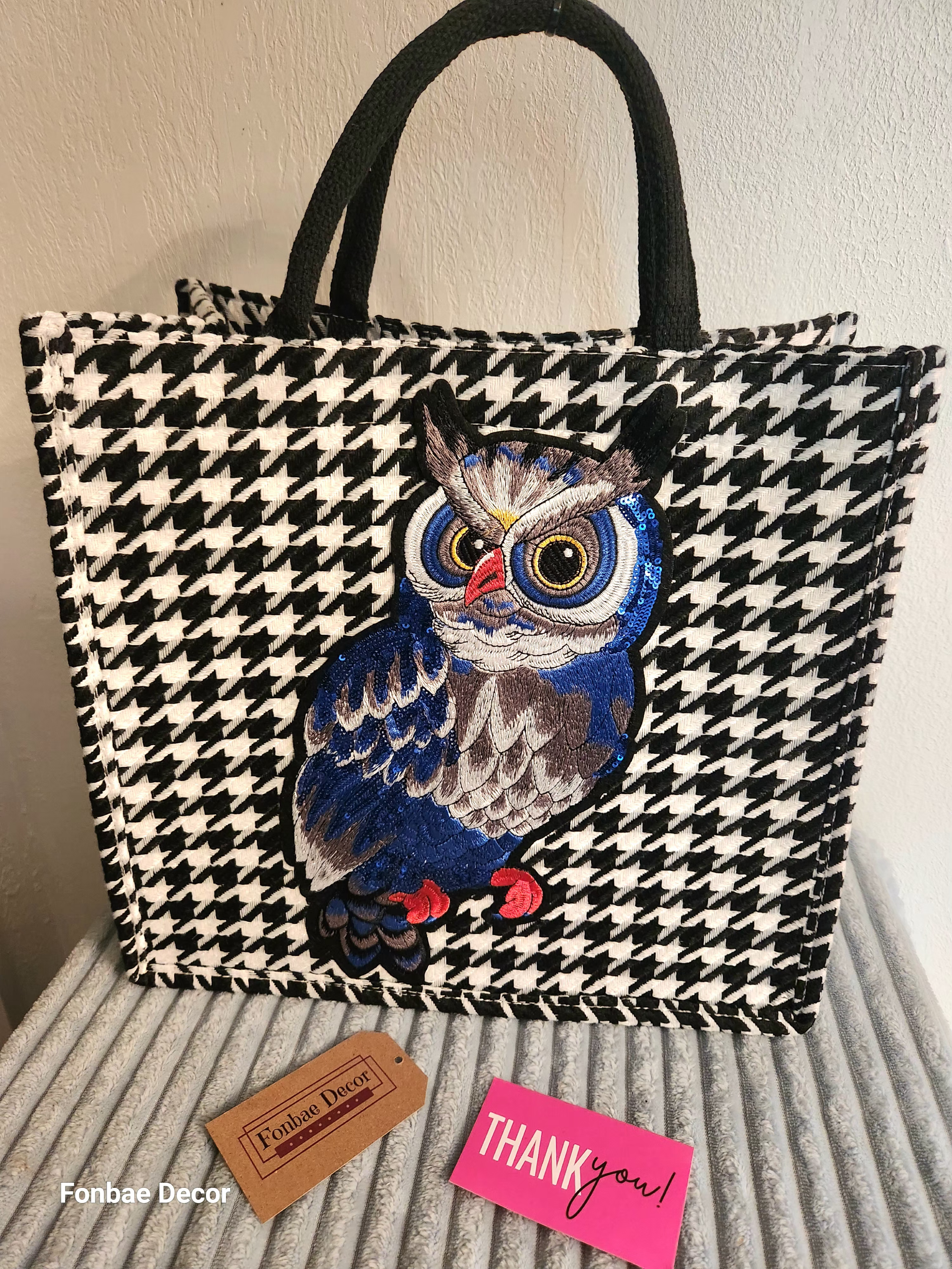 Houndstooth Owl Tote Bag