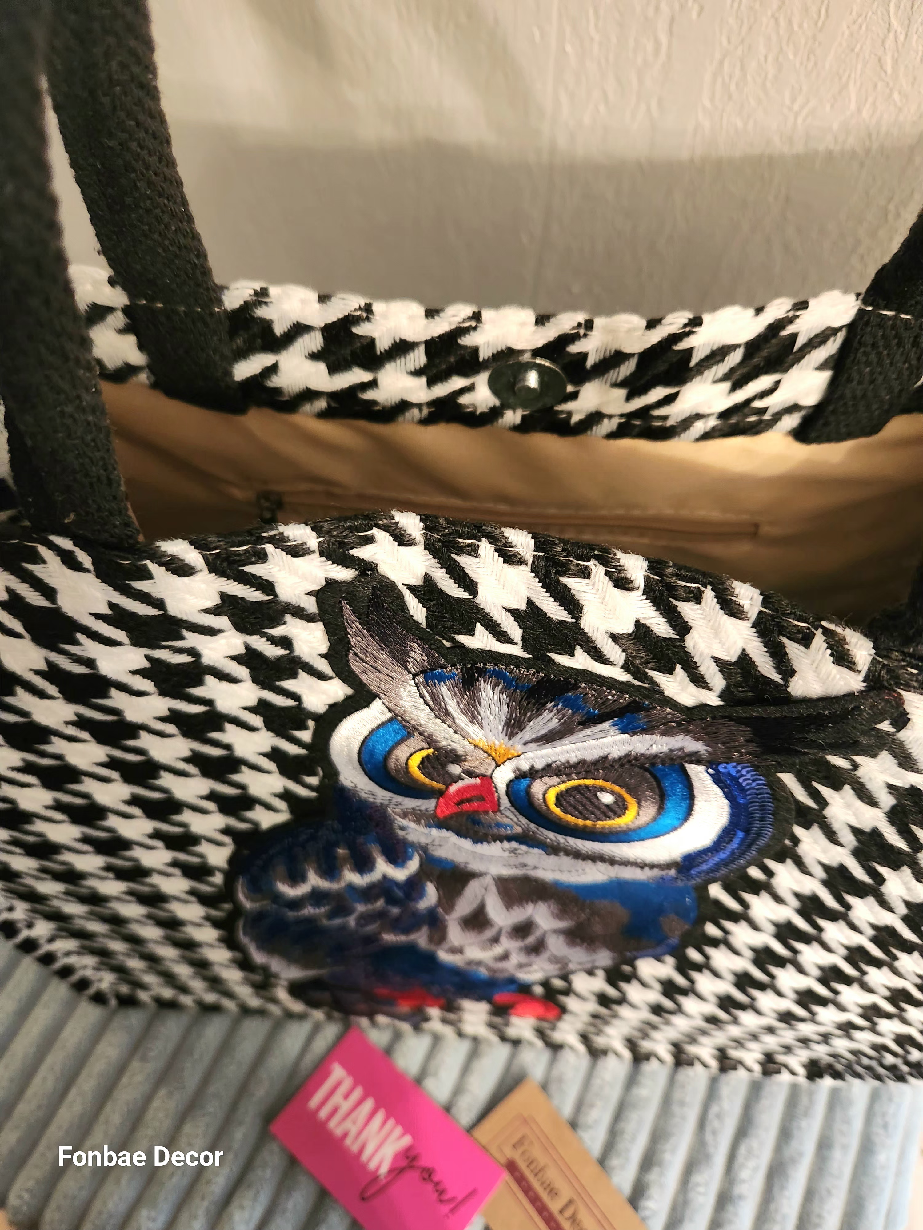 Houndstooth Owl Tote Bag