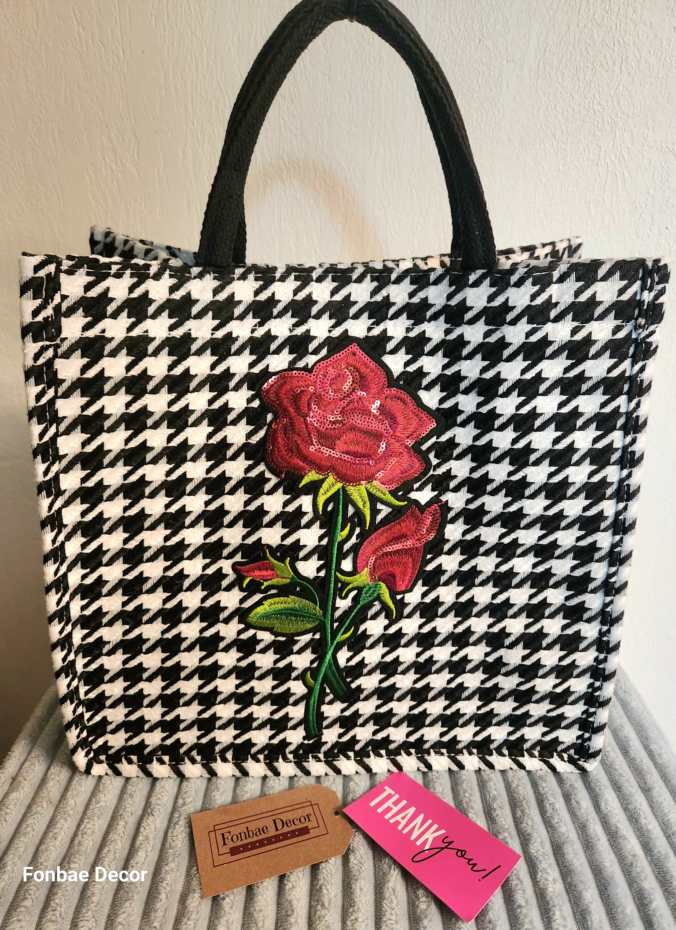 Houndstooth Tote Bag with Rose Embroidery