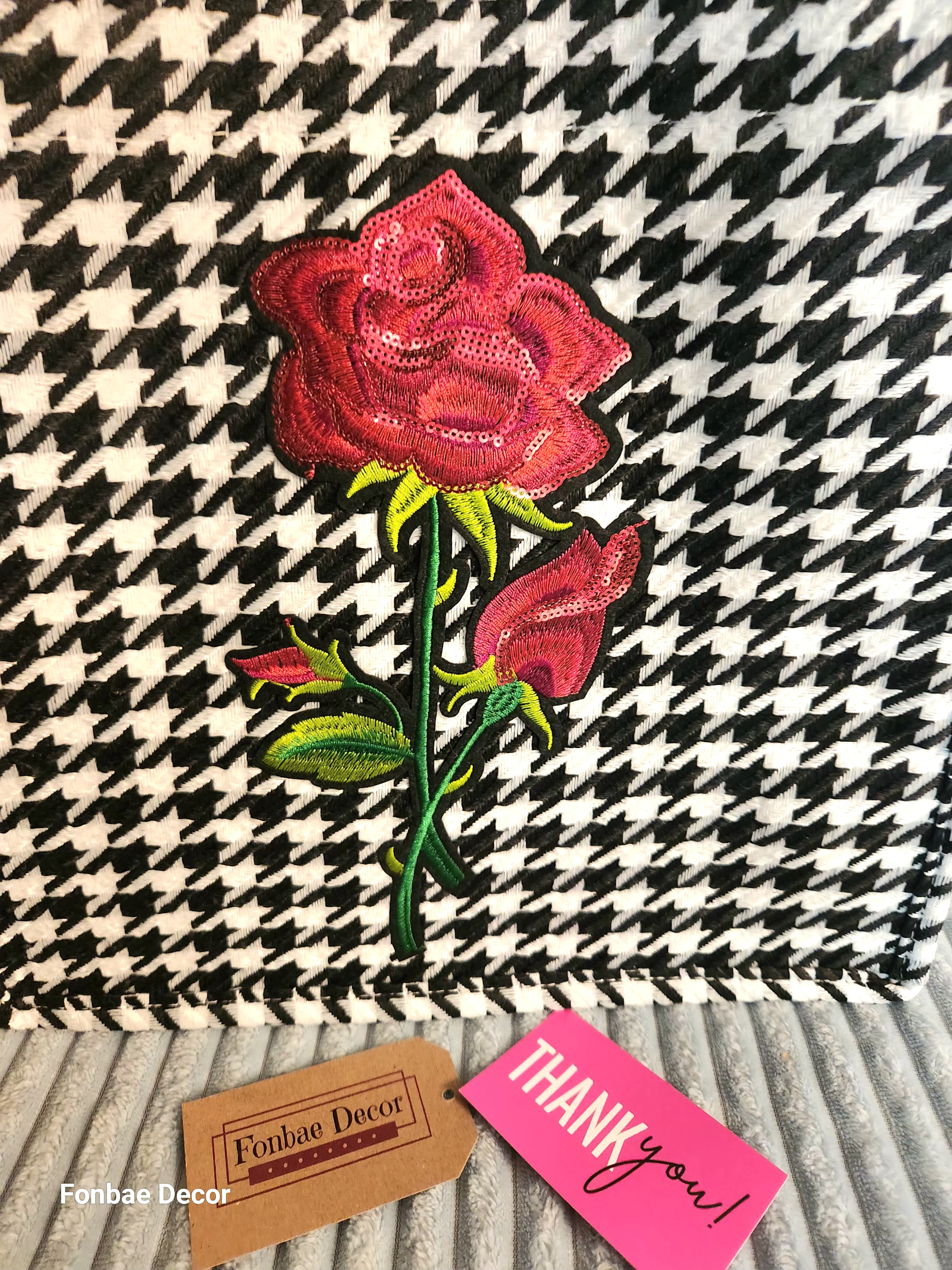 Houndstooth Tote Bag with Rose Embroidery