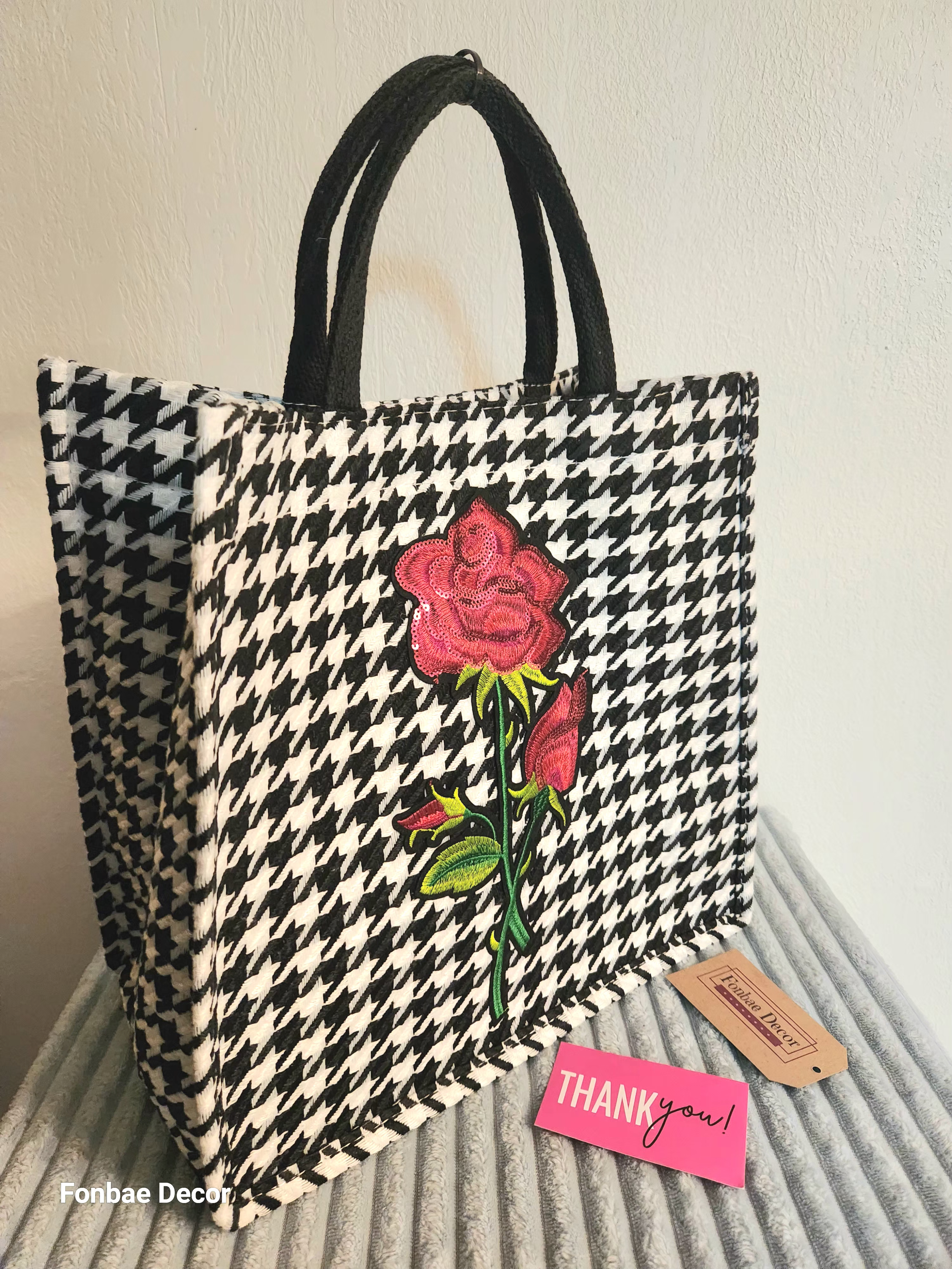 Houndstooth Tote Bag with Rose Embroidery