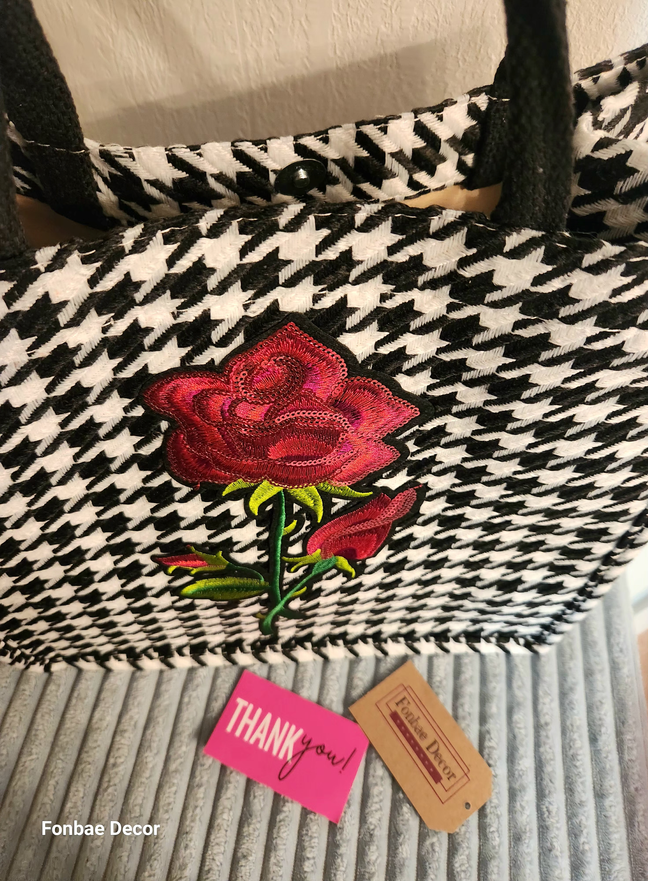 Houndstooth Tote Bag with Rose Embroidery