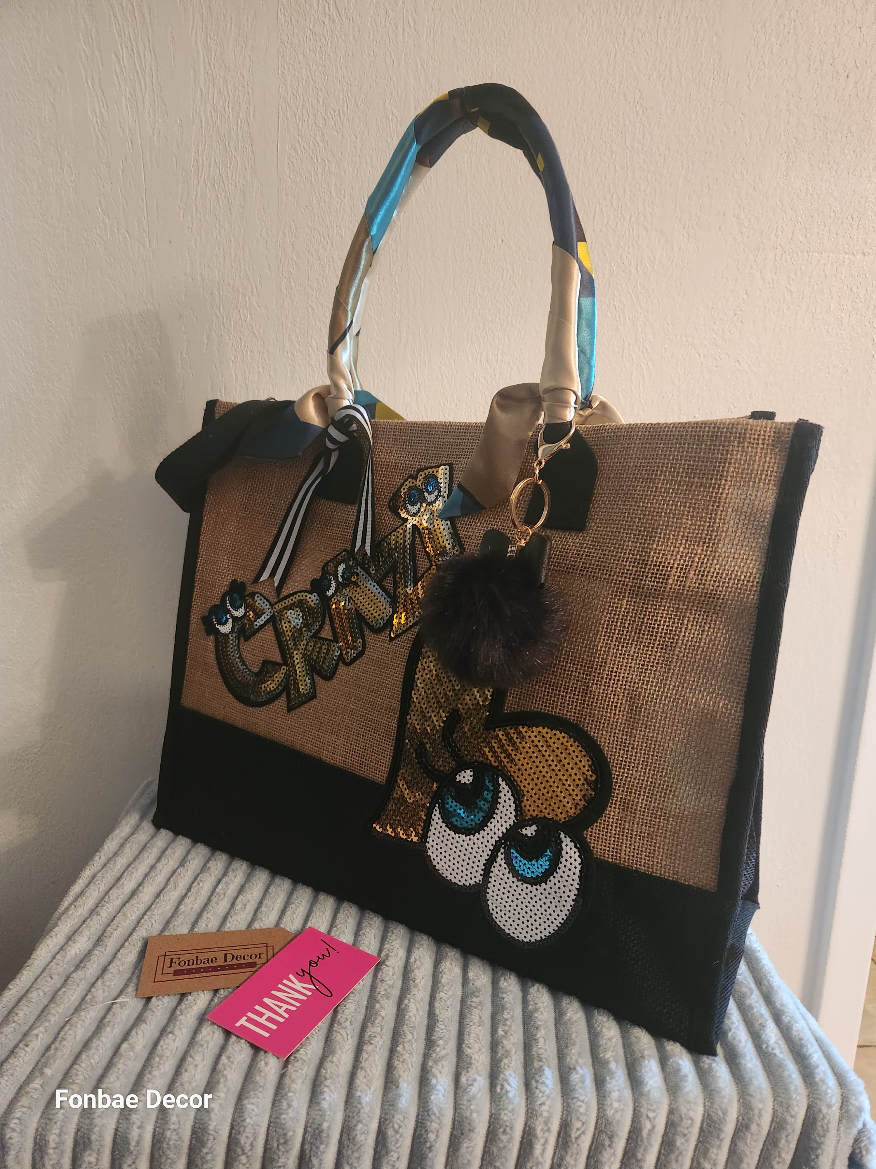 Fashionable Burlap Tote Bag with Crazy Heart Eyes Sequin Embroidery
