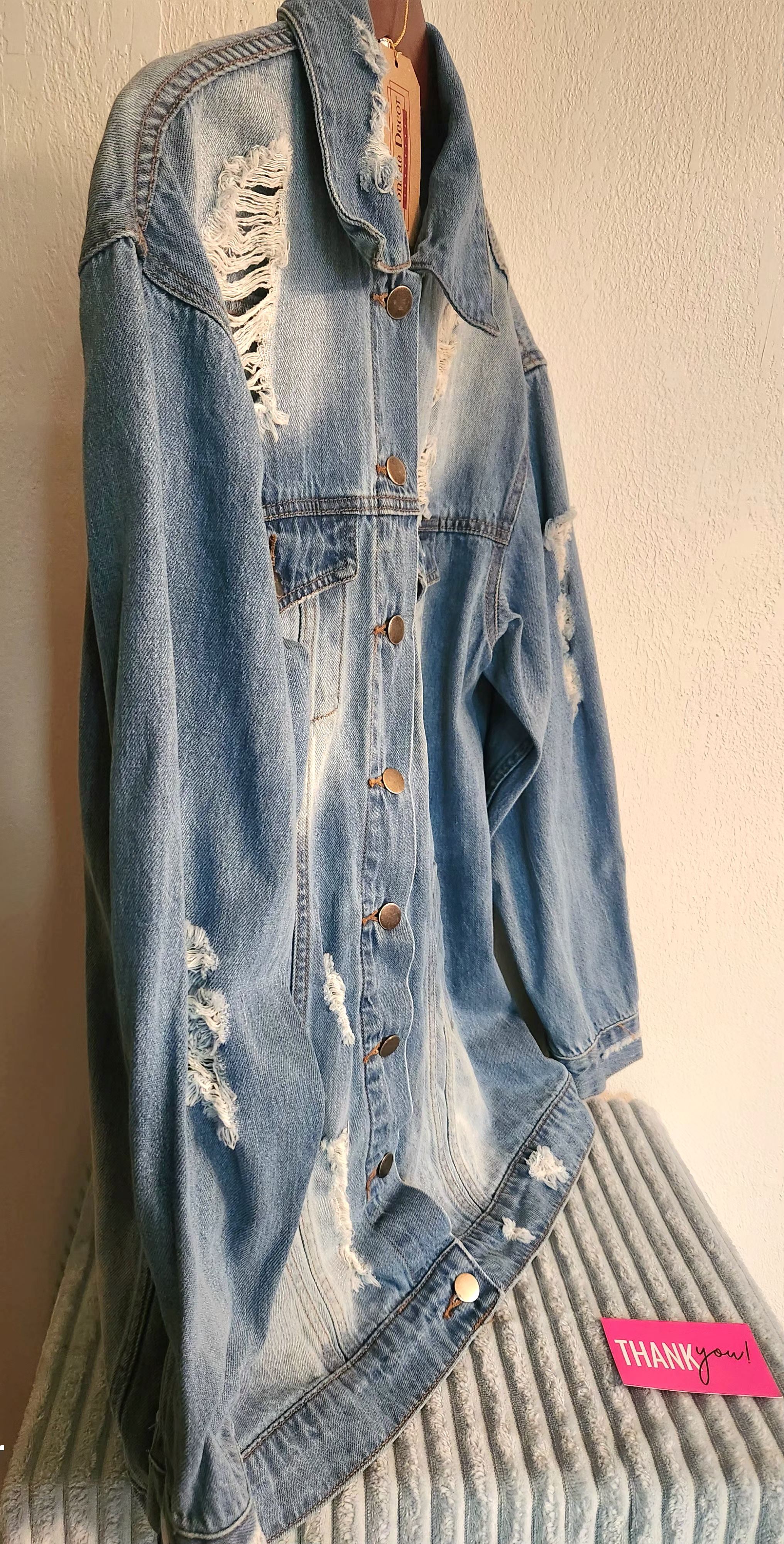 Distressed Blue Denim Jacket with Hip Sequin Embroidery Patches 