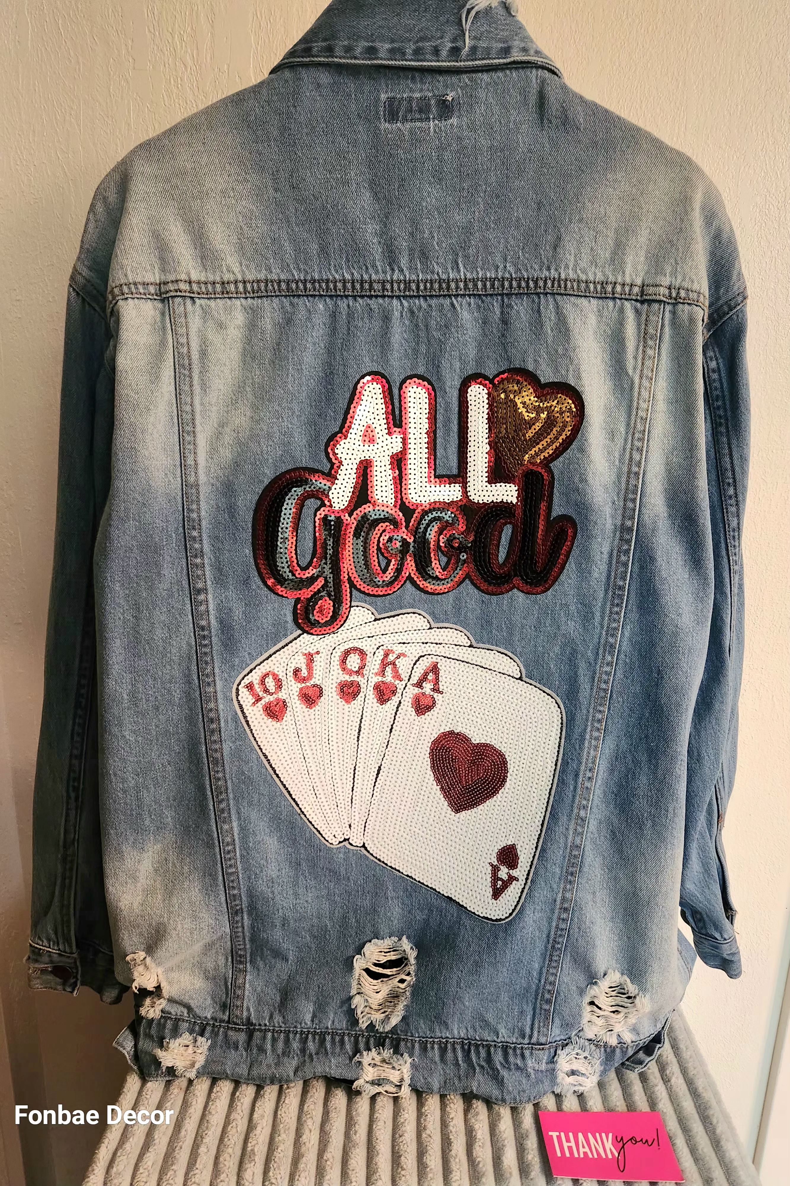 Distressed Blue Denim Jacket with Hip Sequin Embroidery Patches 