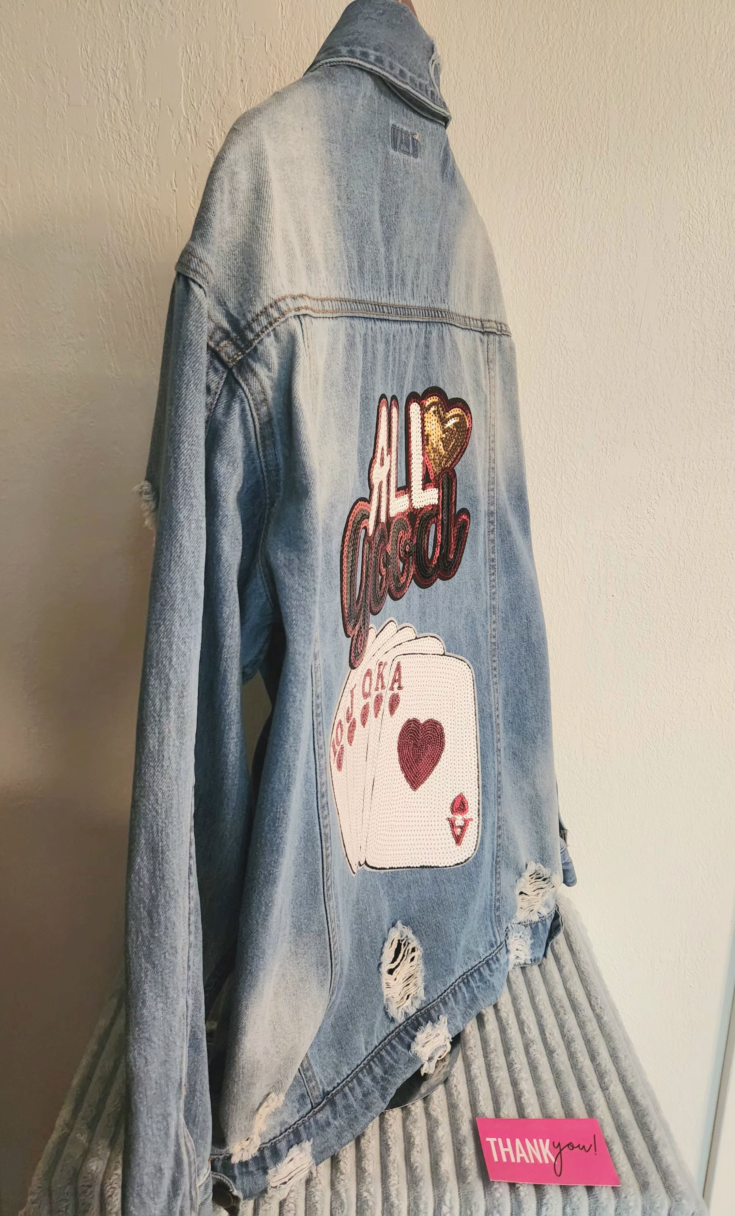 Distressed Blue Denim Jacket with Hip Sequin Embroidery Patches 