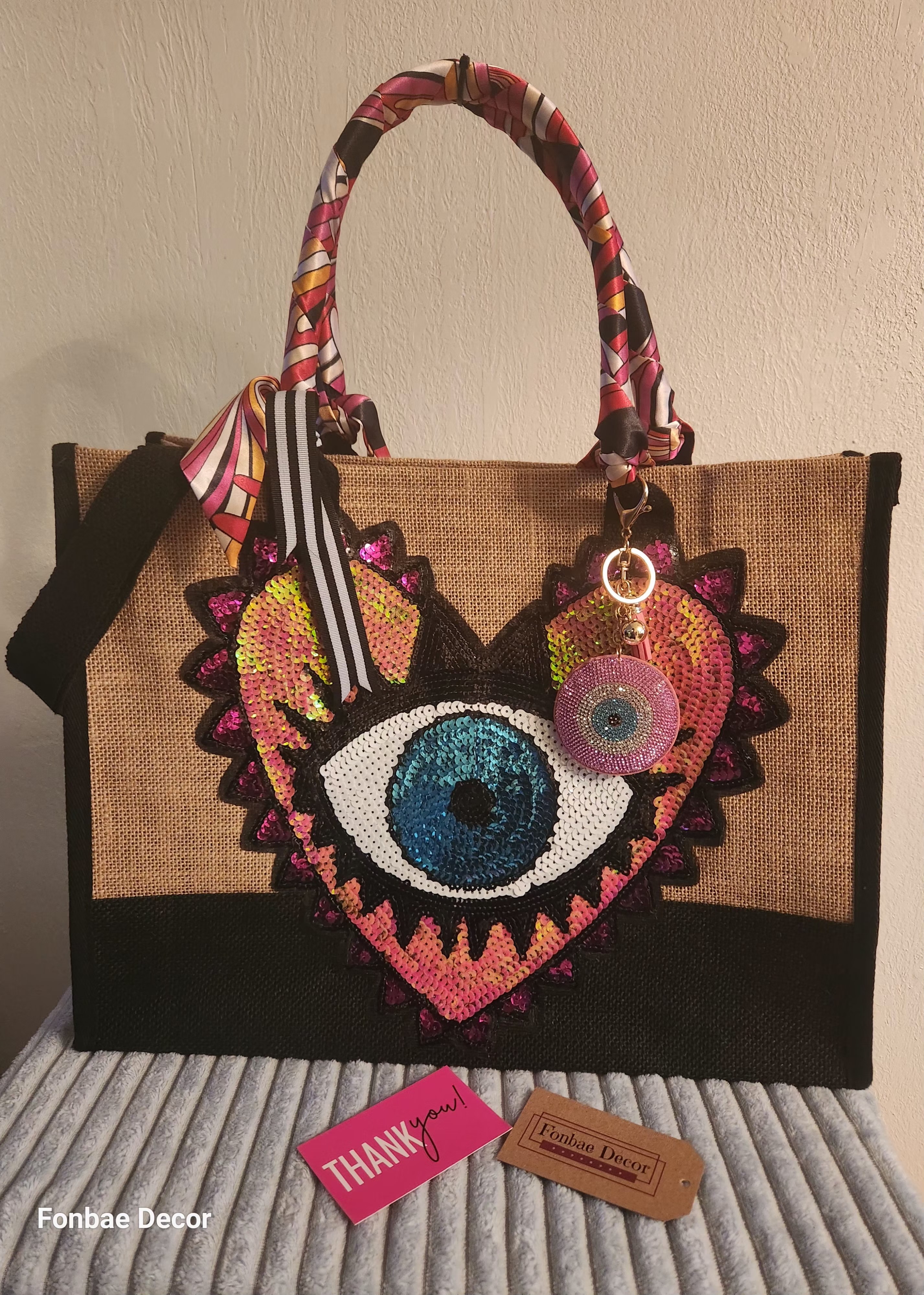 Evil Eye Heart Tote Bag with Sequin Embroidery