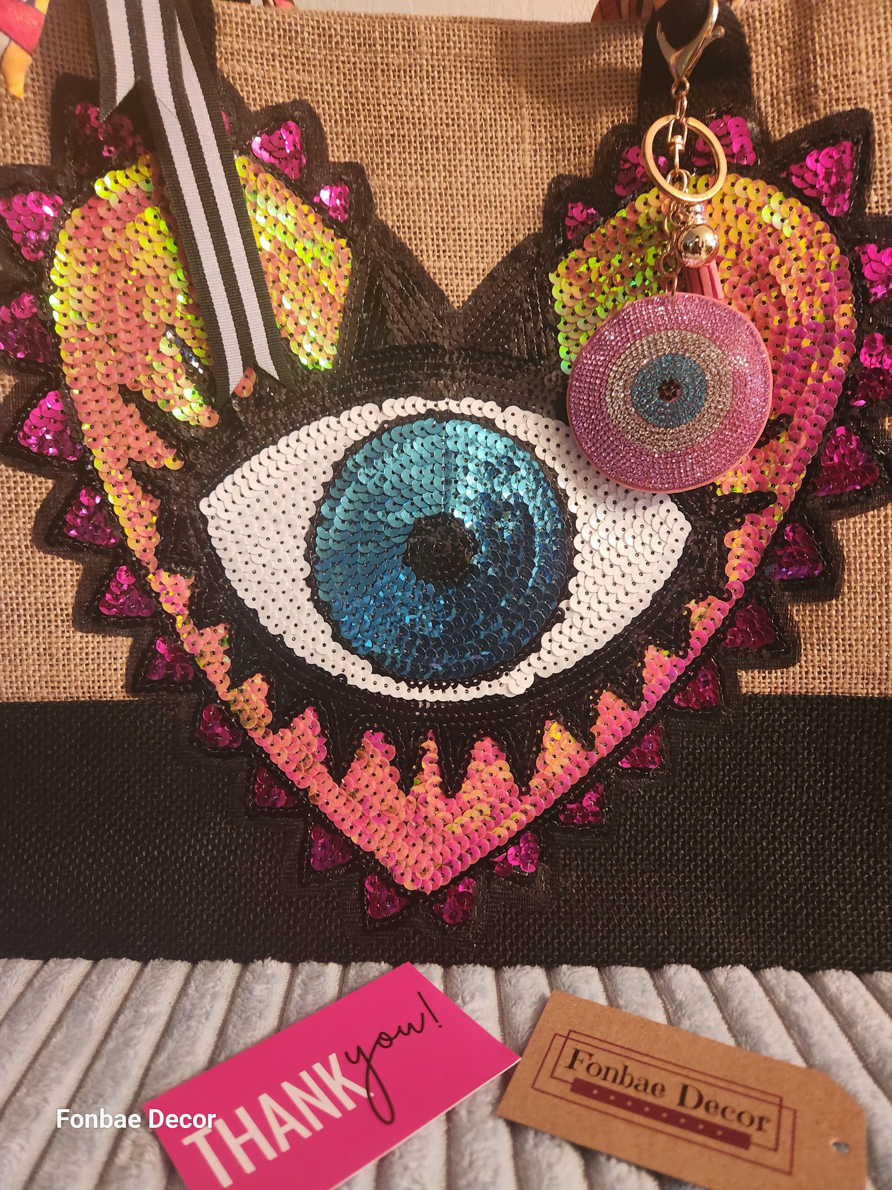 Evil Eye Heart Tote Bag with Sequin Embroidery