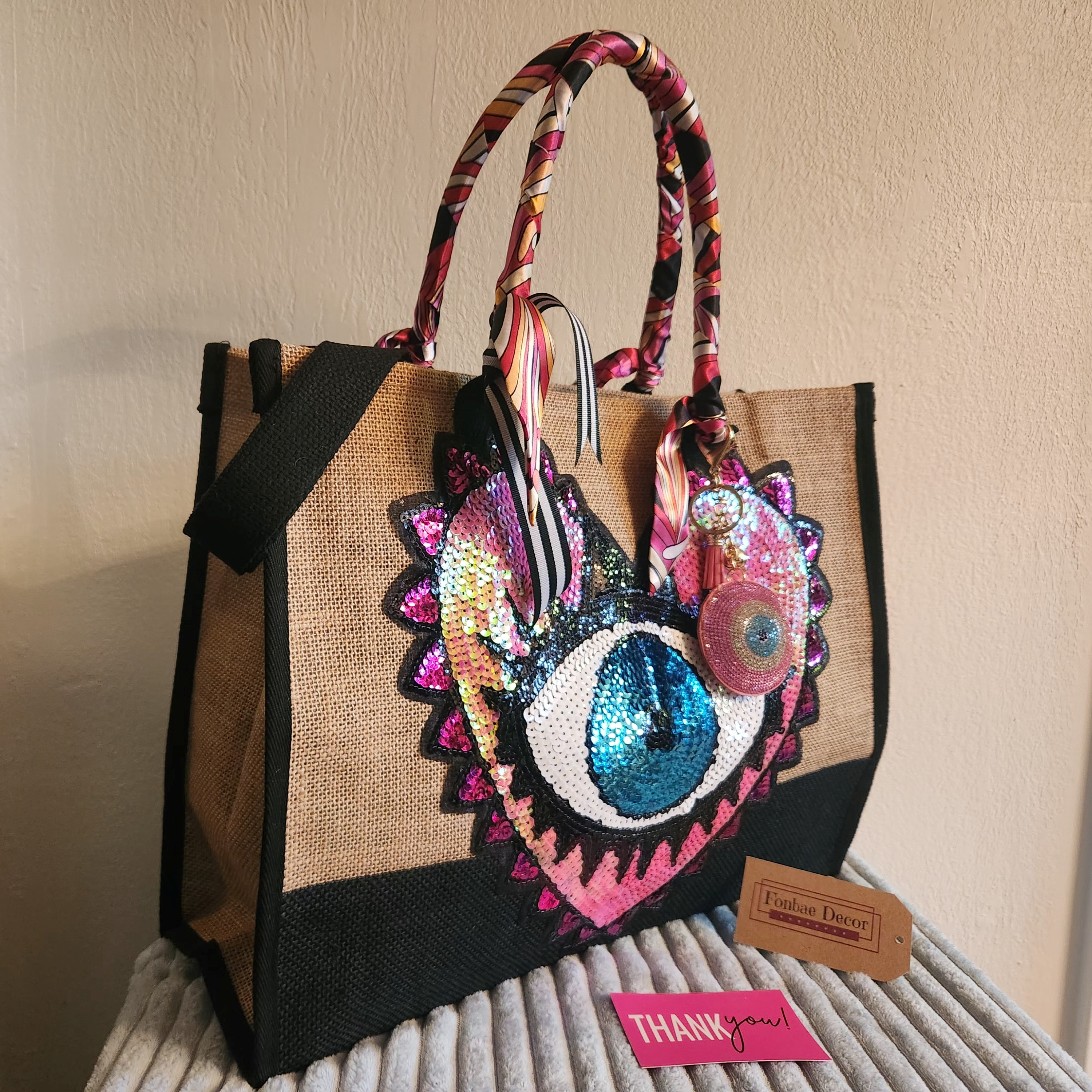 Evil Eye Heart Tote Bag with Sequin Embroidery