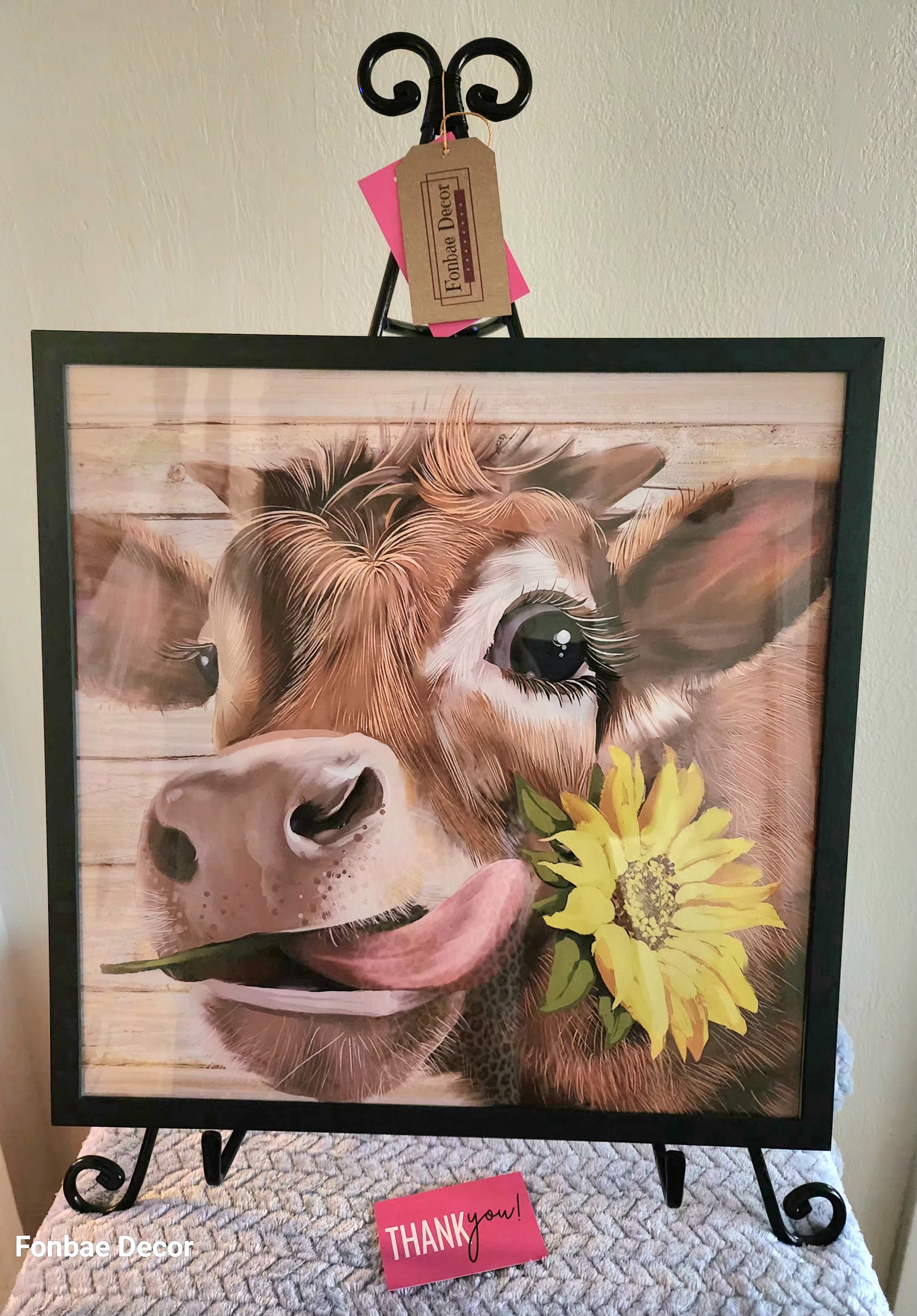 Framed Cow with Sunflower Wall Art