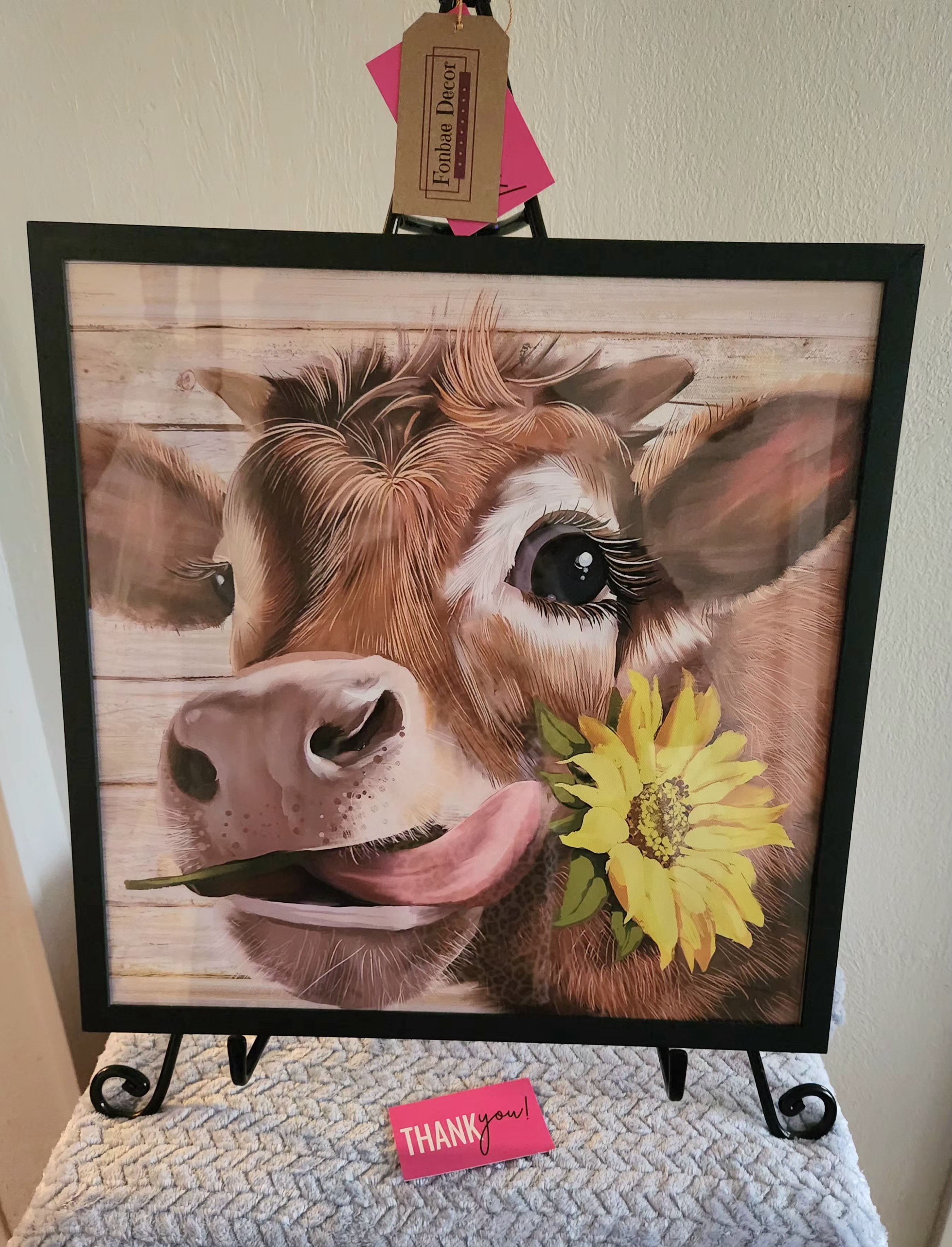 Framed Cow with Sunflower Wall Art