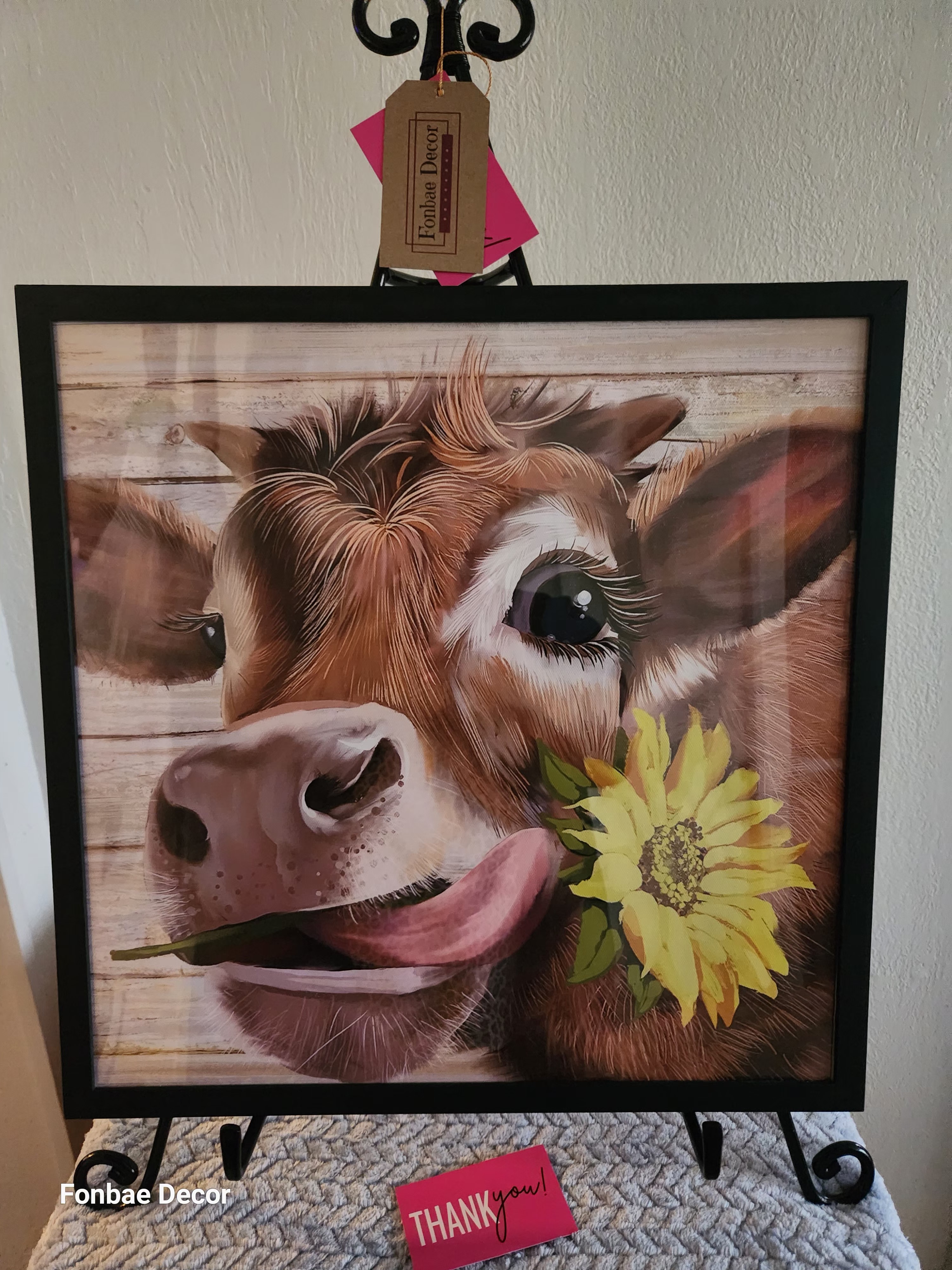 Framed Cow with Sunflower Wall Art