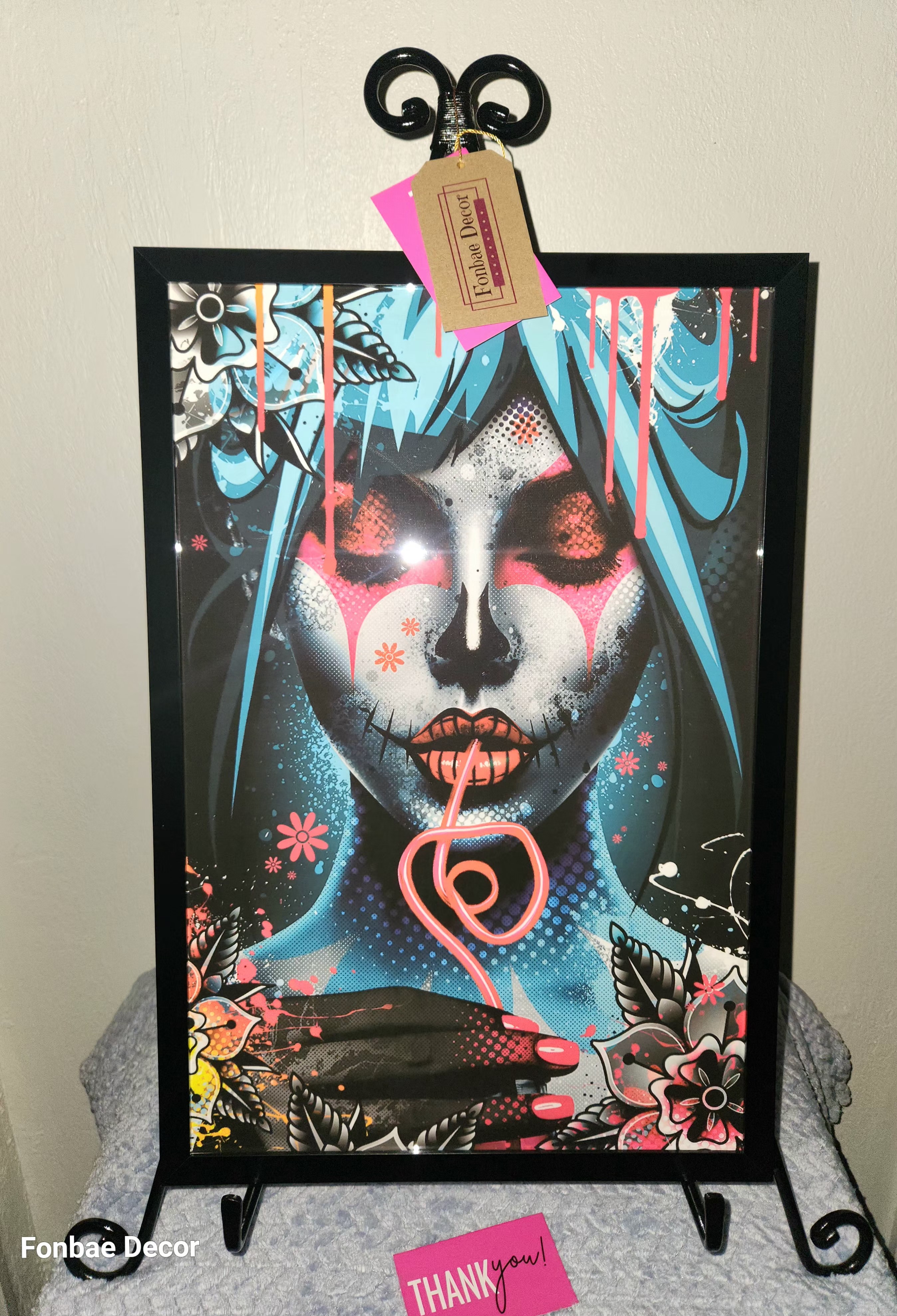 Decorative Framed Wall Art Print: Cartoonist Lady with Straw/Blue Hair