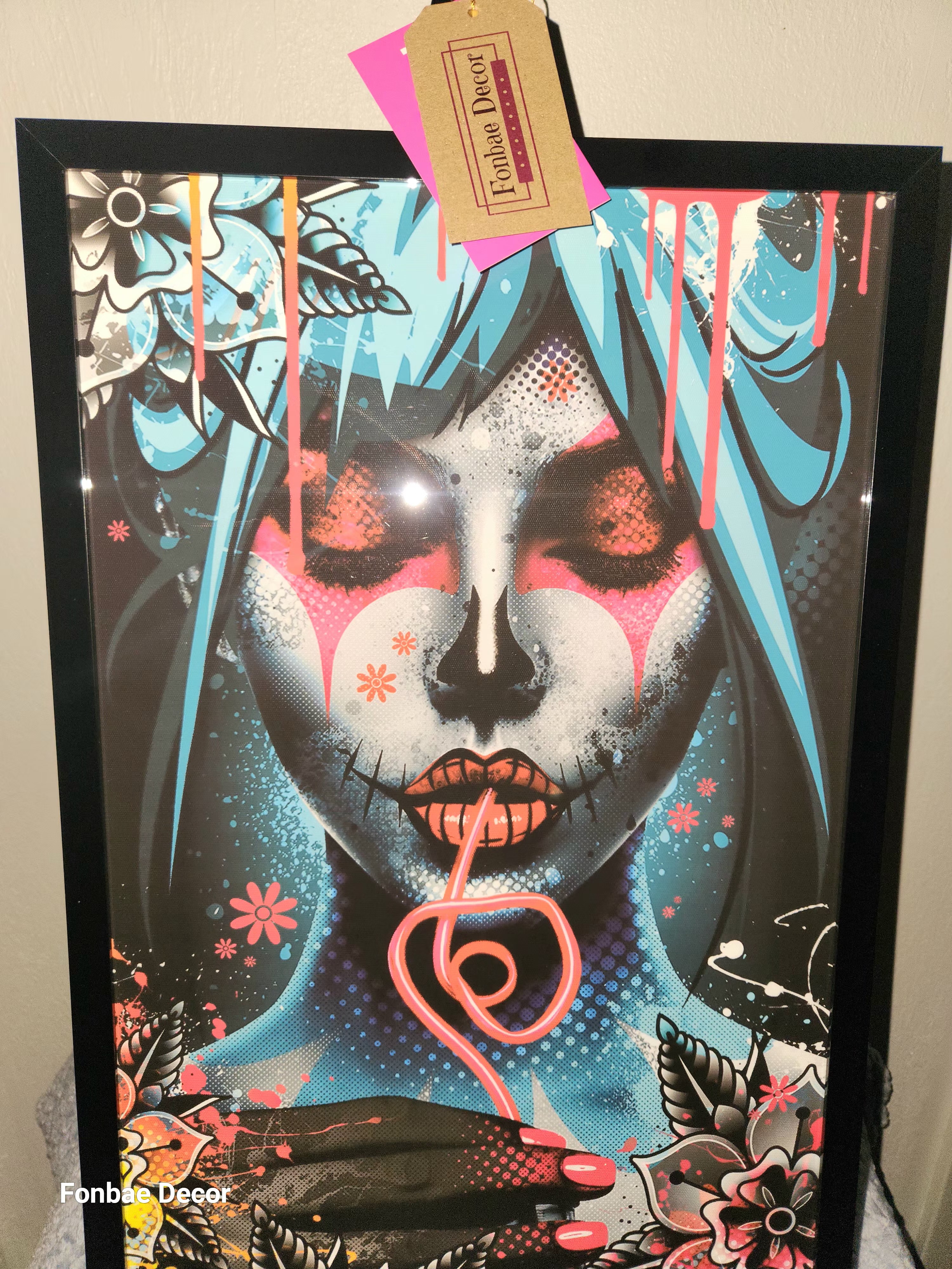 Decorative Framed Wall Art Print: Cartoonist Lady with Straw/Blue Hair