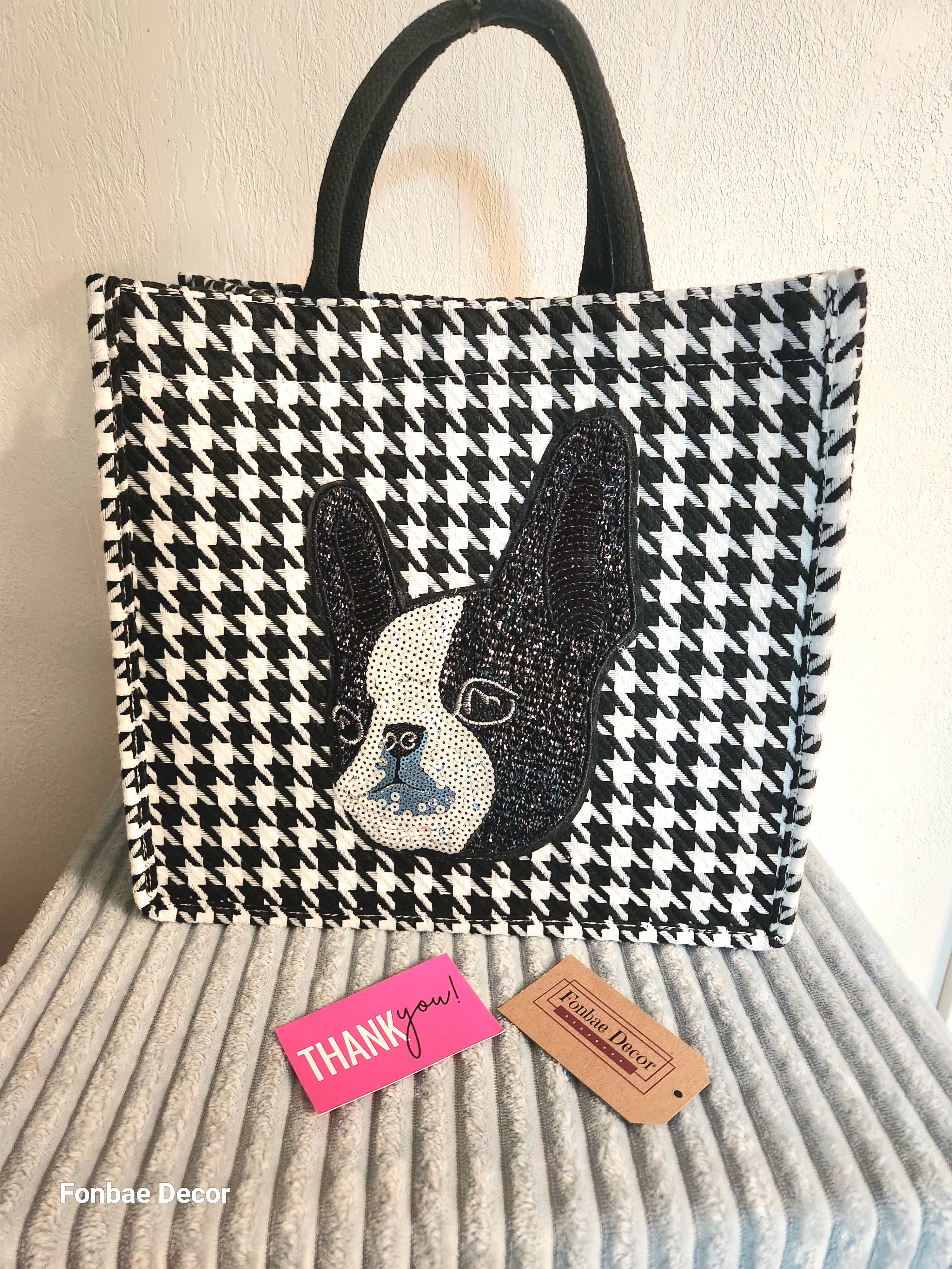 Houndstooth Tote Bag with Sequin Boston Terrier Dog Design