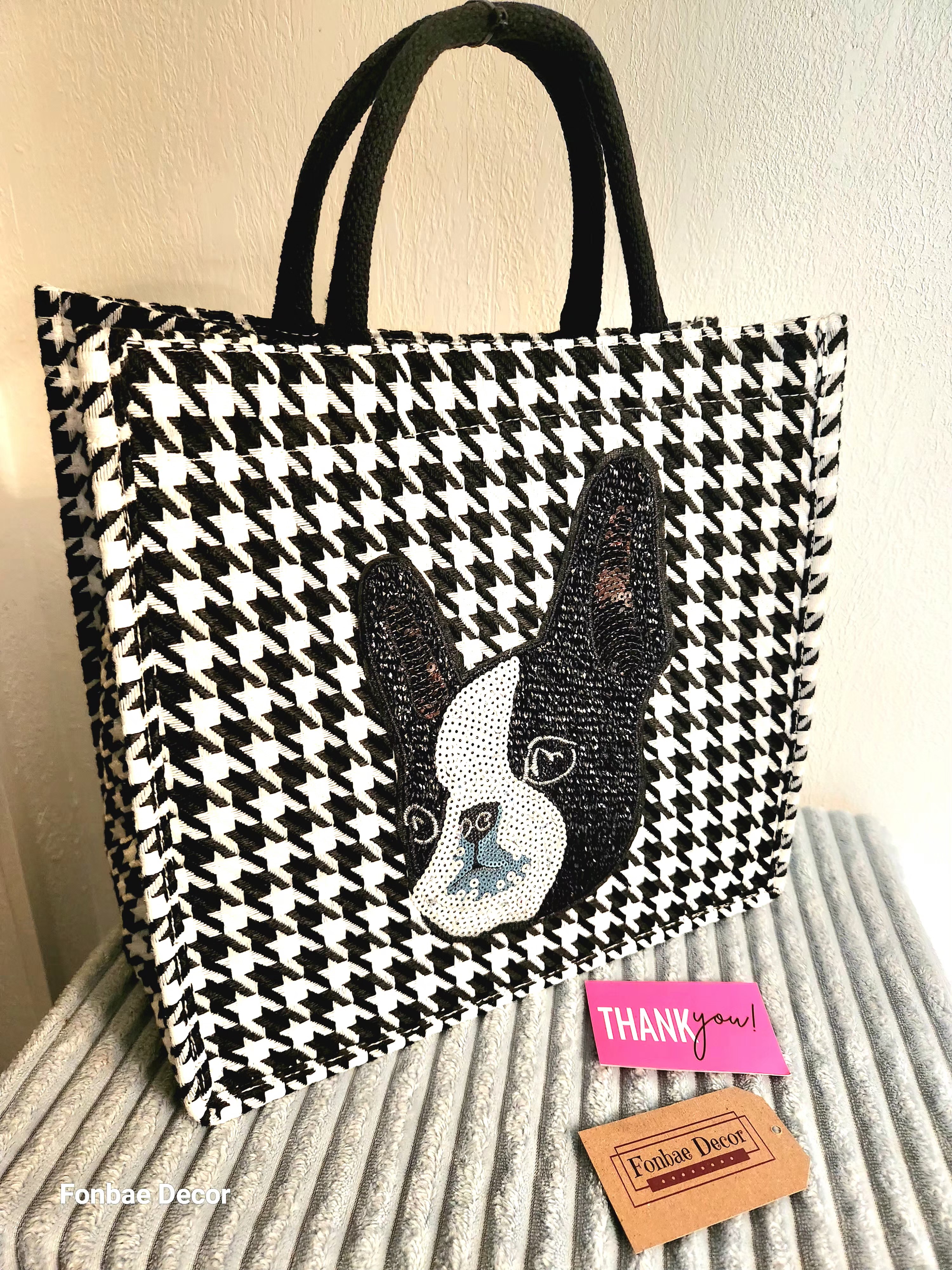 Houndstooth Tote Bag with Sequin Boston Terrier Dog Design