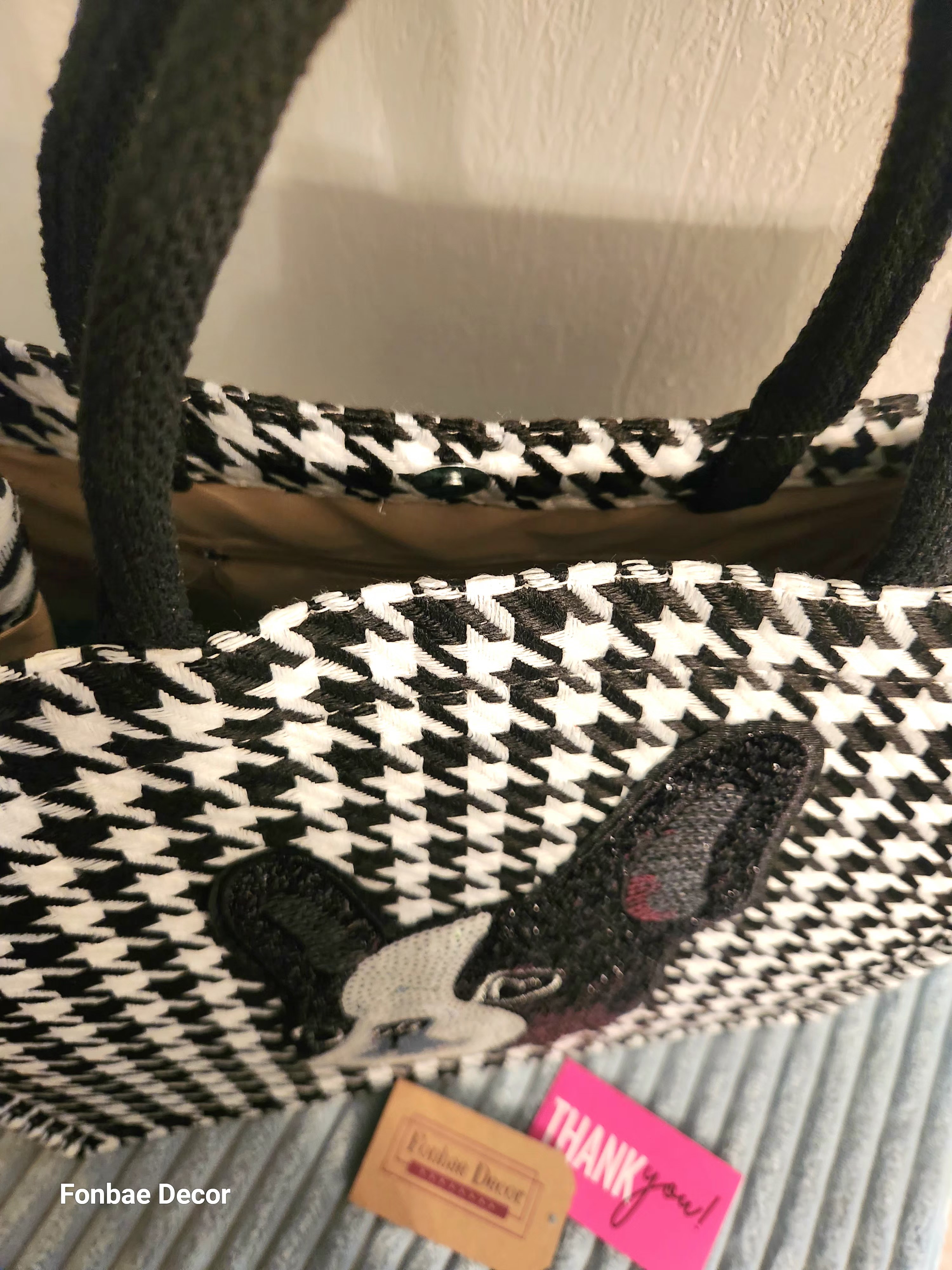 Houndstooth Tote Bag with Sequin Boston Terrier Dog Design