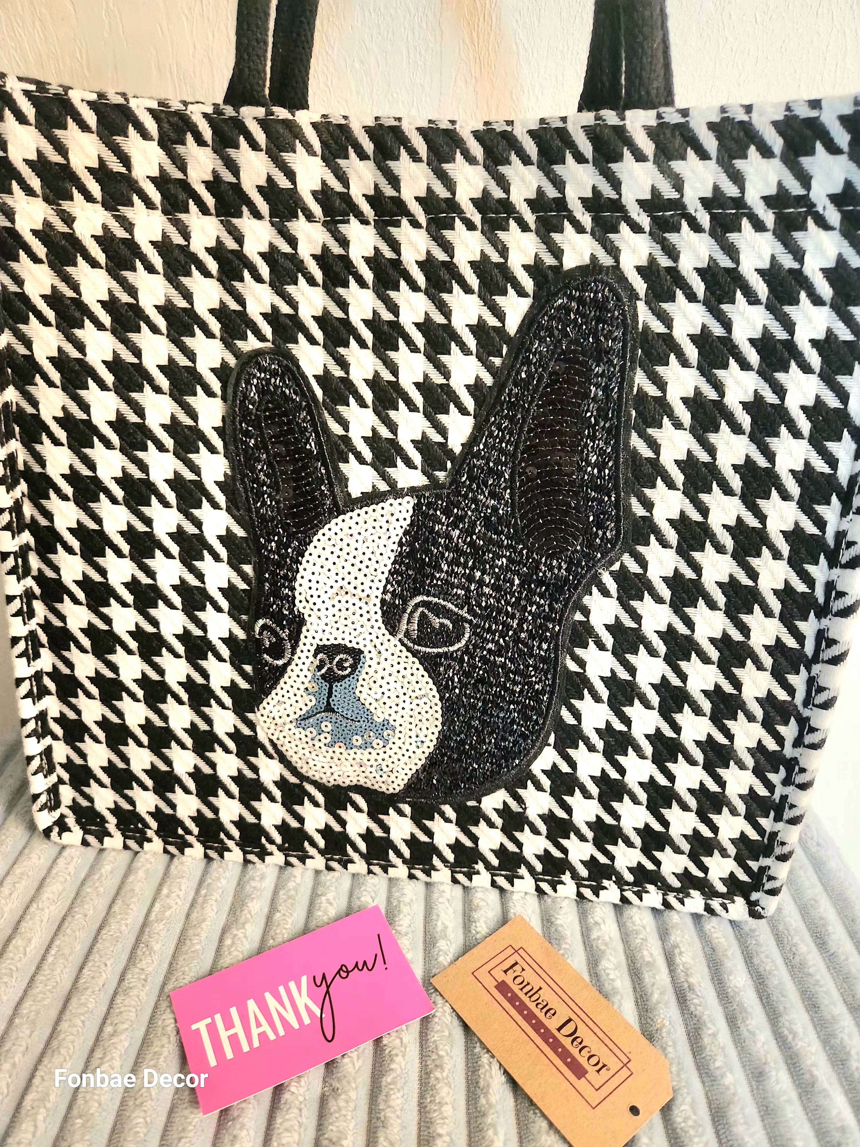Houndstooth Tote Bag with Sequin Boston Terrier Dog Design