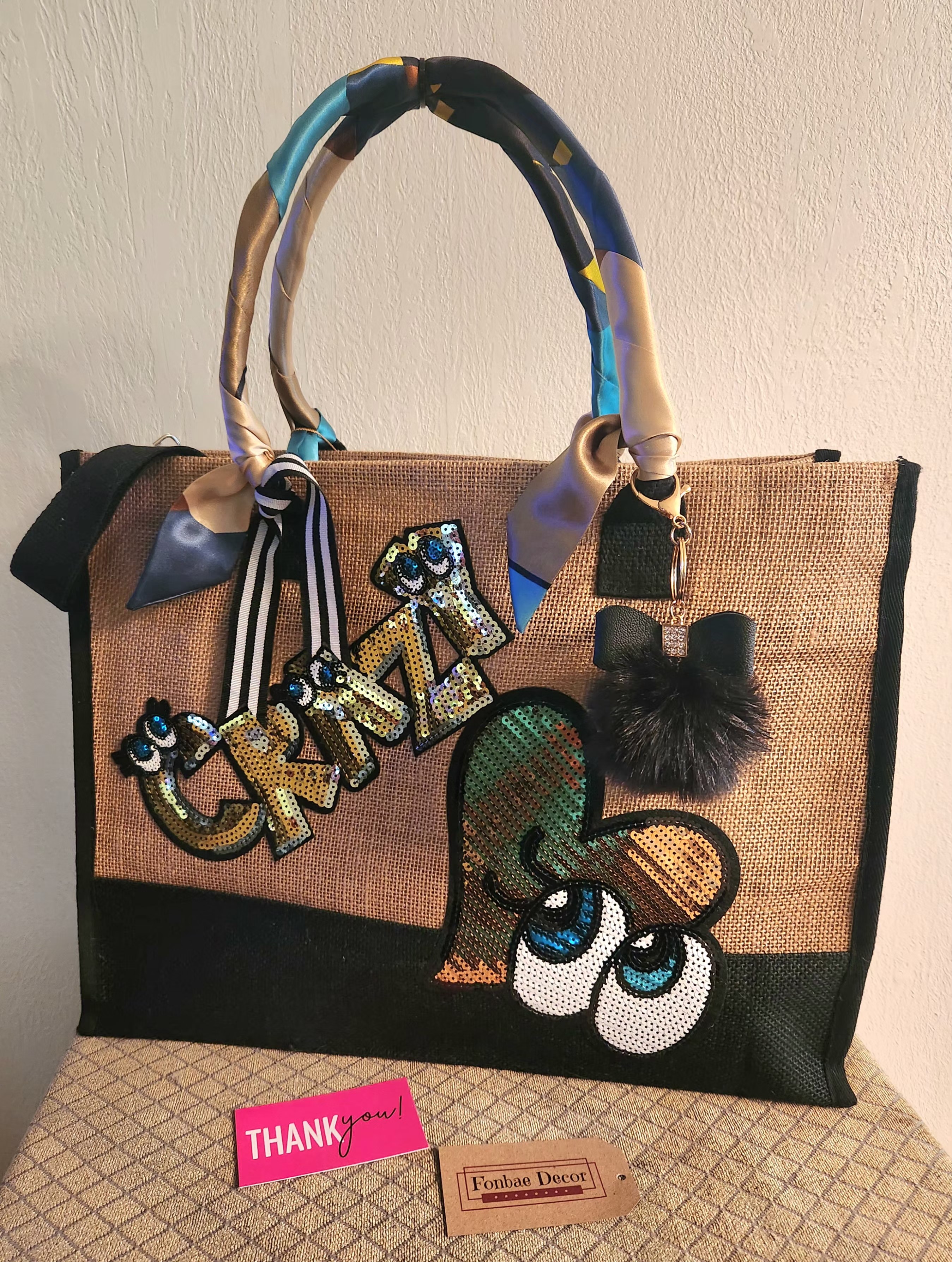 Fashionable Burlap Tote Bag with Crazy Heart Eyes Sequin Embroidery