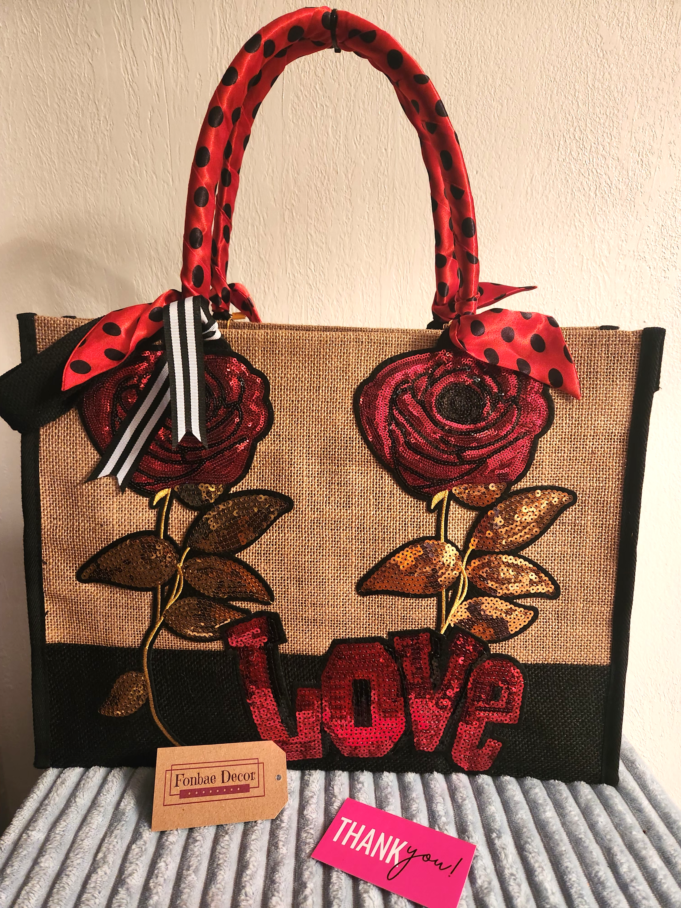 Custom Cotton Jute Tote Handbag with Floral Roses and Love Sequin Embroidery Design