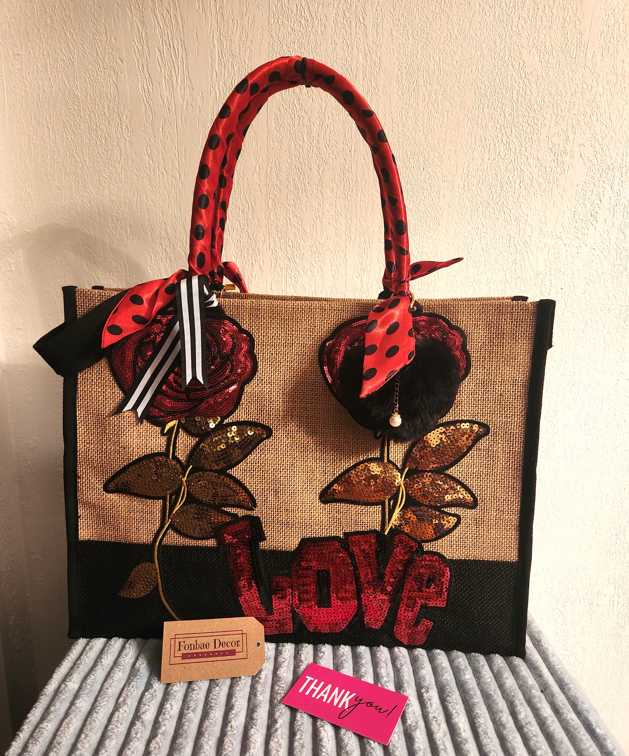 Custom Cotton Jute Tote Handbag with Floral Roses and Love Sequin Embroidery Design