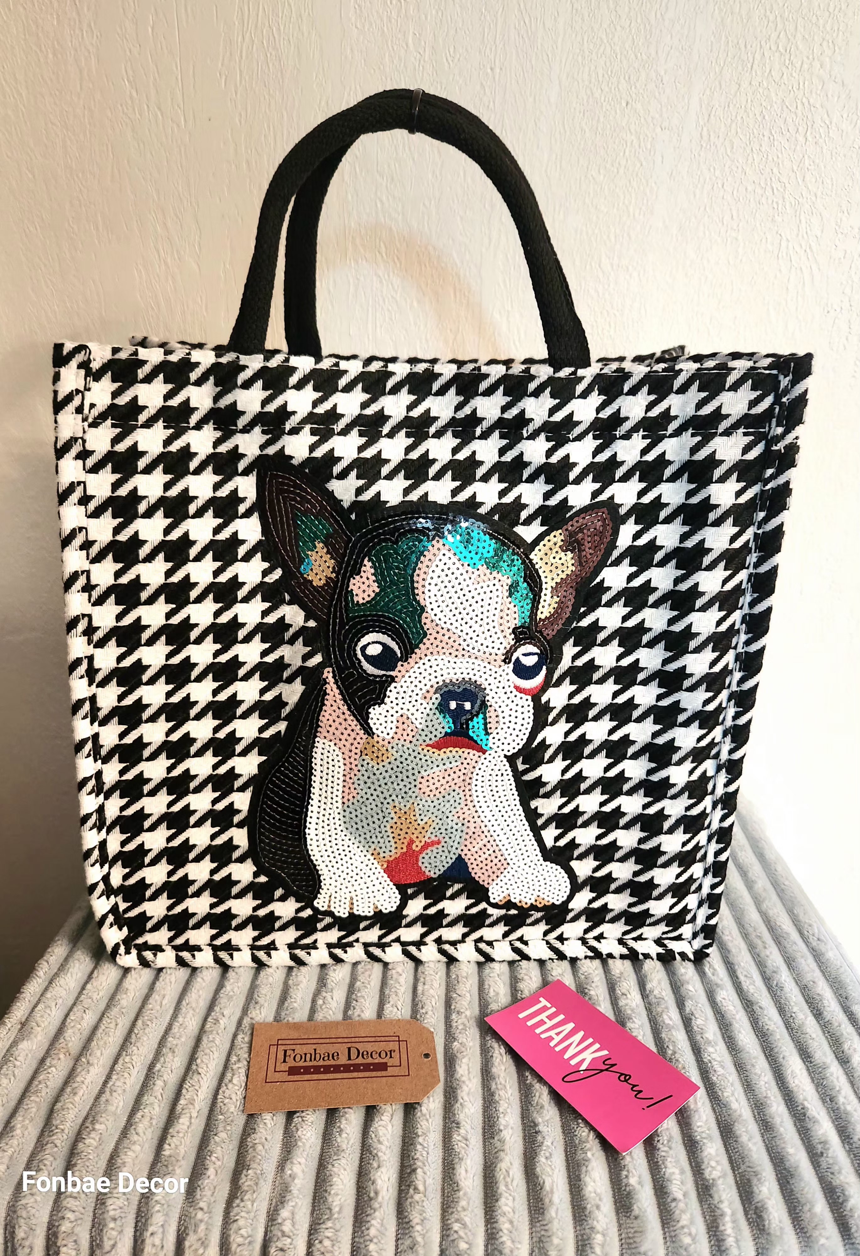 Houndstooth Tote Bag with Large Sequin Puppy Embroidery Patch