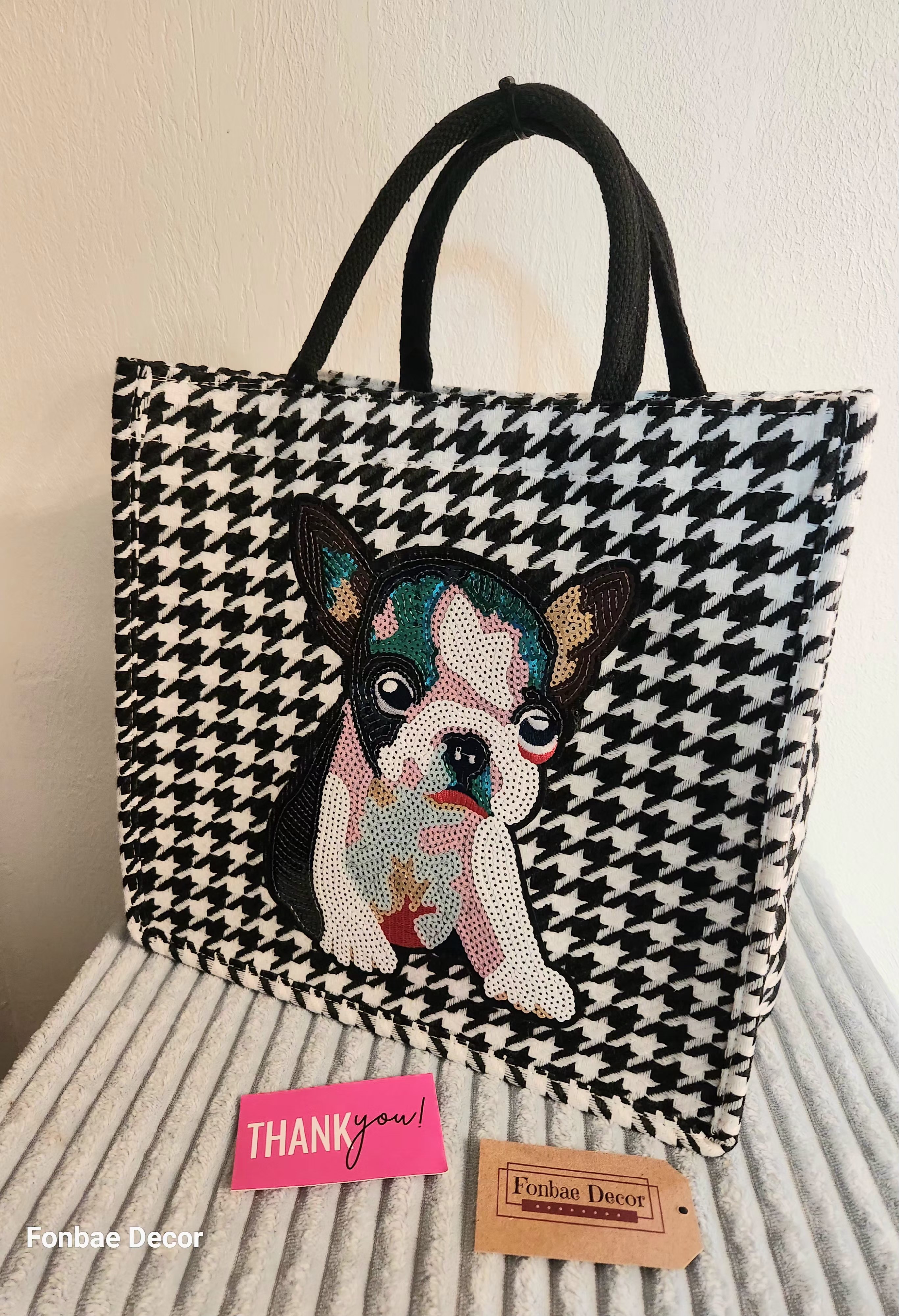 Houndstooth Tote Bag with Large Sequin Puppy Embroidery Patch