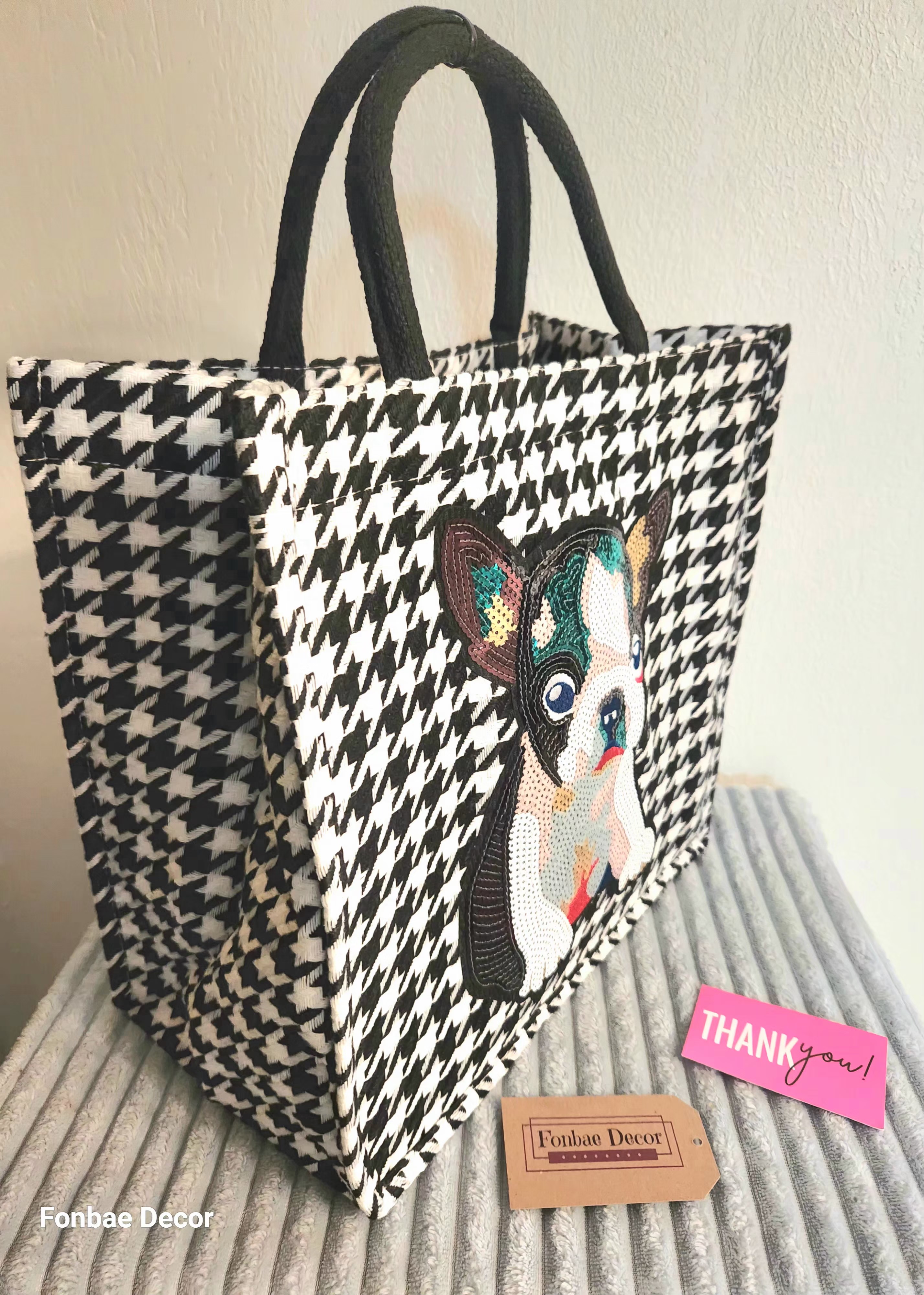 Houndstooth Tote Bag with Large Sequin Puppy Embroidery Patch