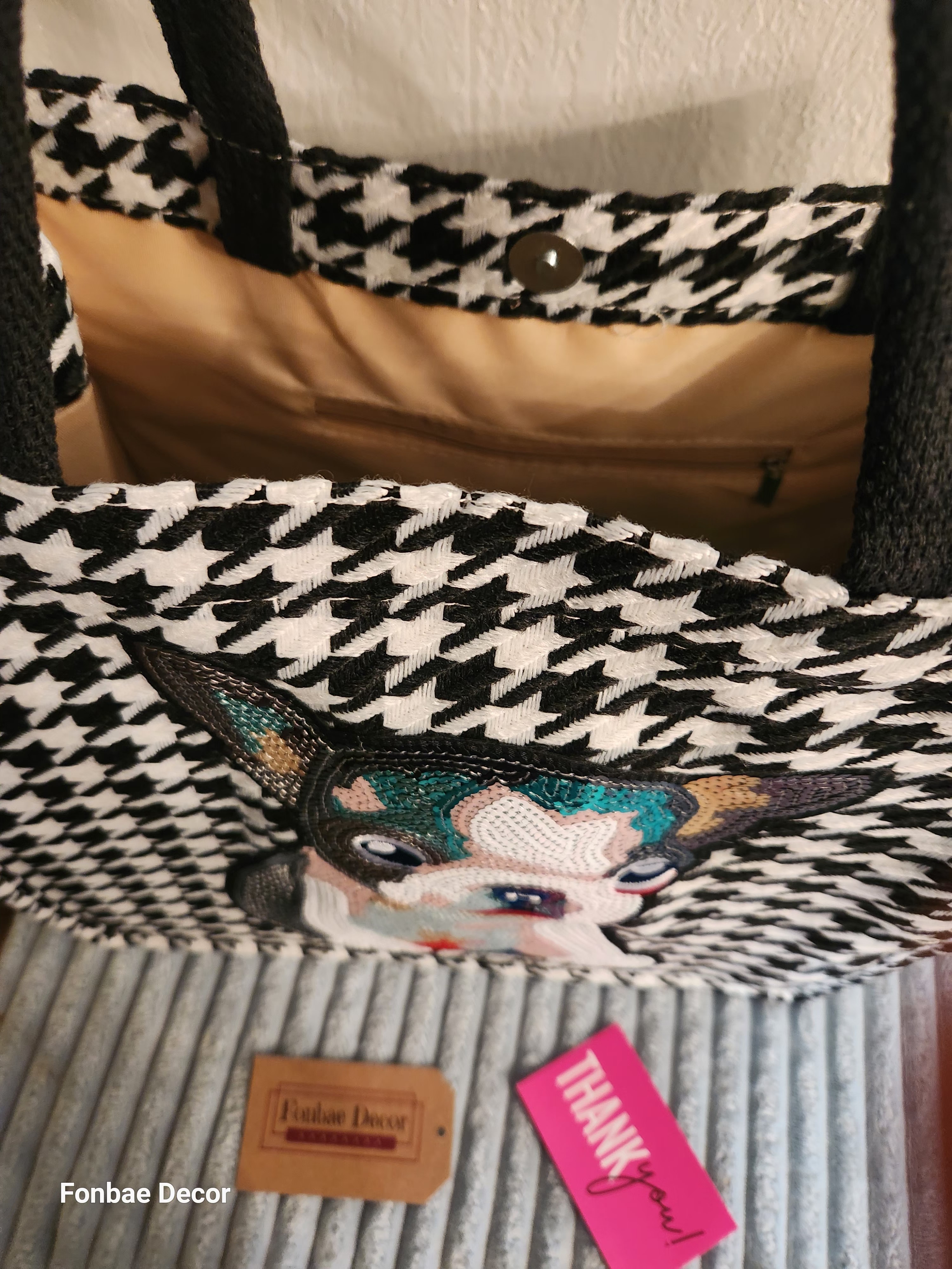 Houndstooth Tote Bag with Large Sequin Puppy Embroidery Patch