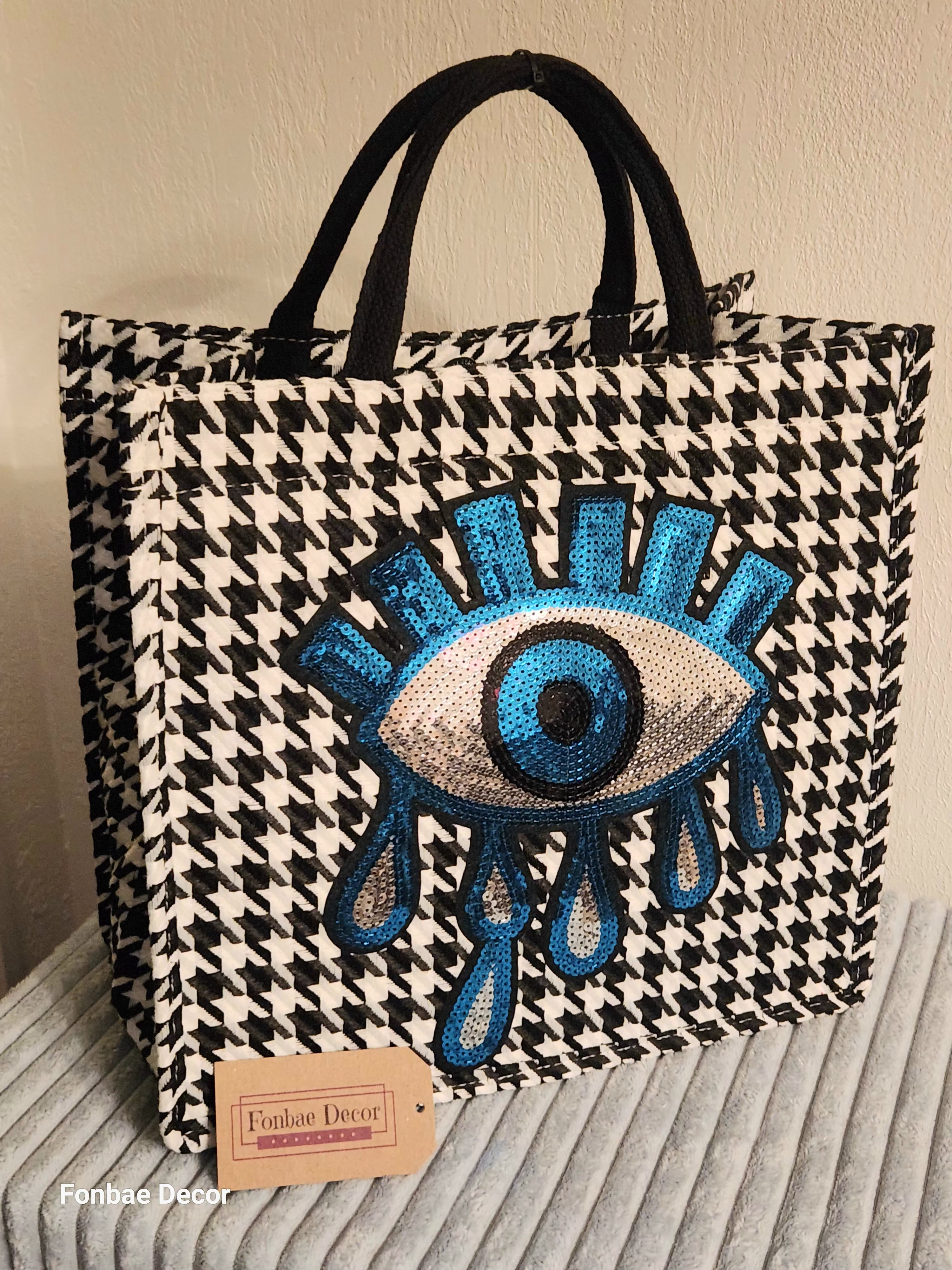 Houndstooth Plaid Tote Handbag with Blue Evil Eye Sequin Embroidery Logo