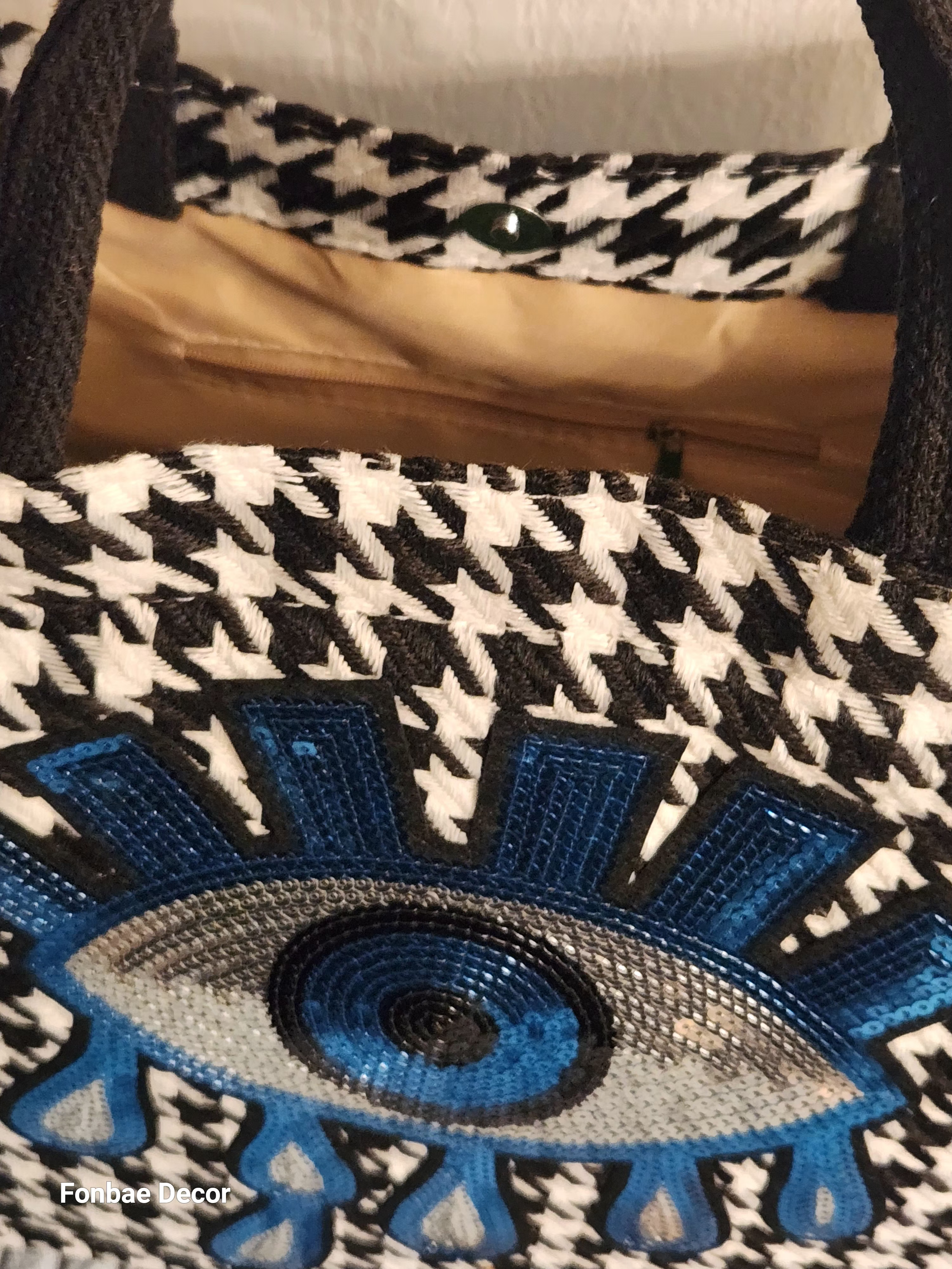 Houndstooth Plaid Tote Handbag with Blue Evil Eye Sequin Embroidery Logo
