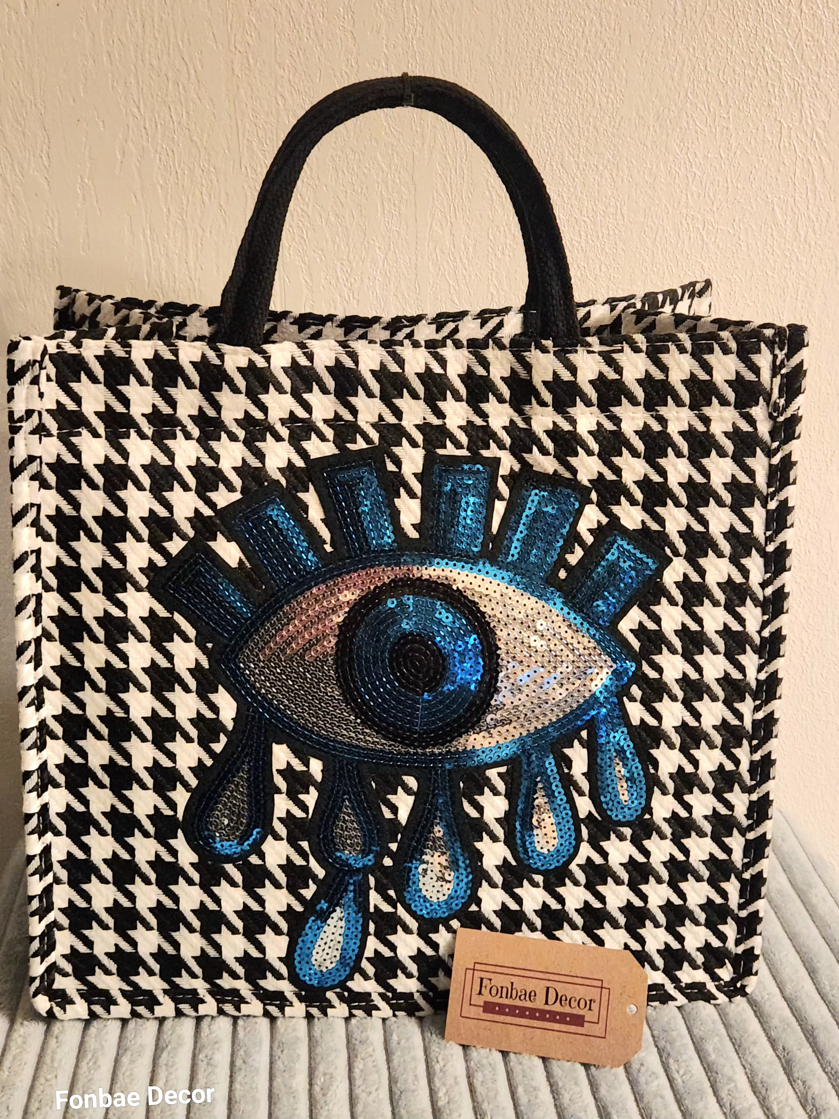 Houndstooth Plaid Tote Handbag with Blue Evil Eye Sequin Embroidery Logo