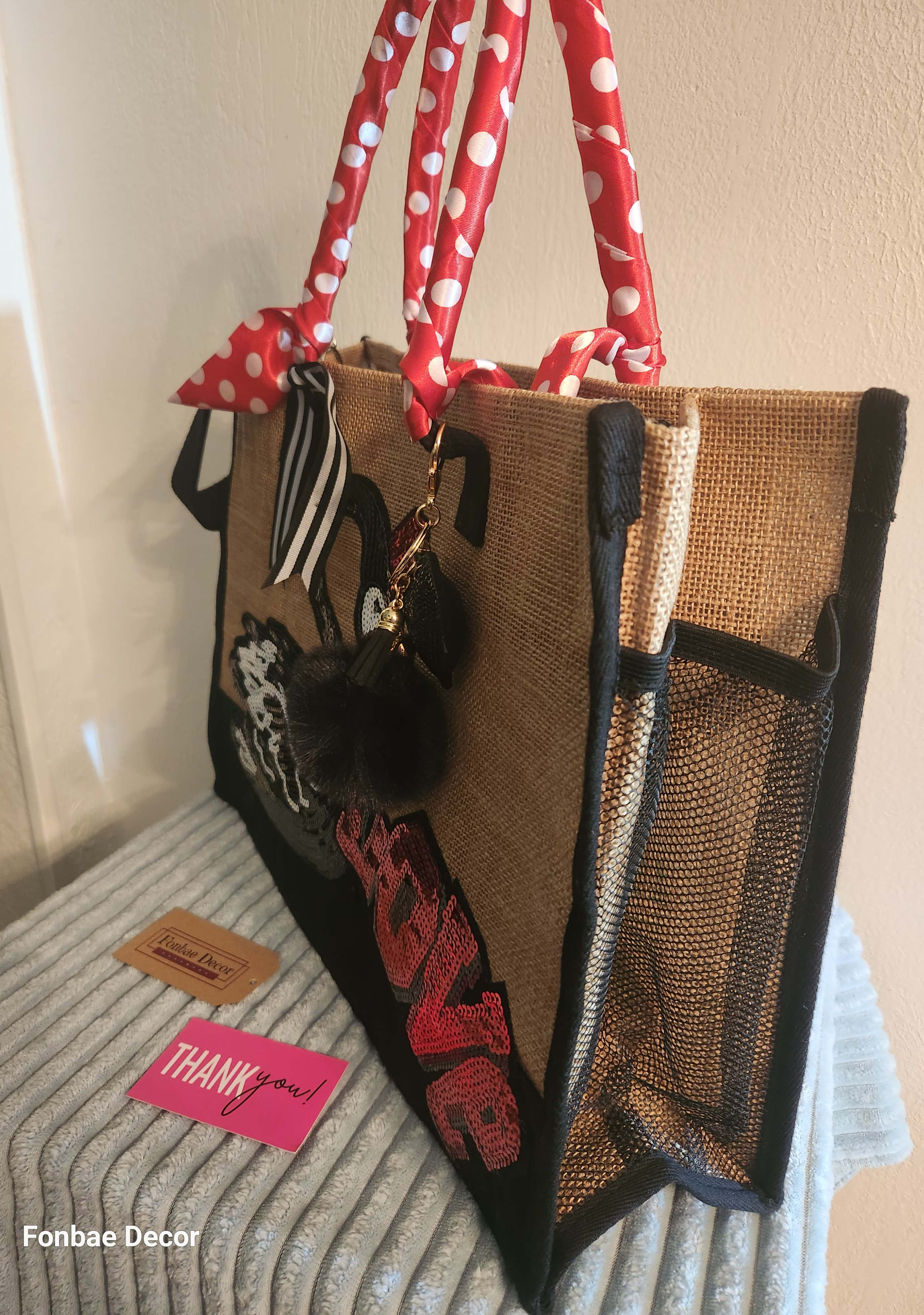 Custom Large Jute Tote Handbag with Swan Love Sequin Embroidery Patch