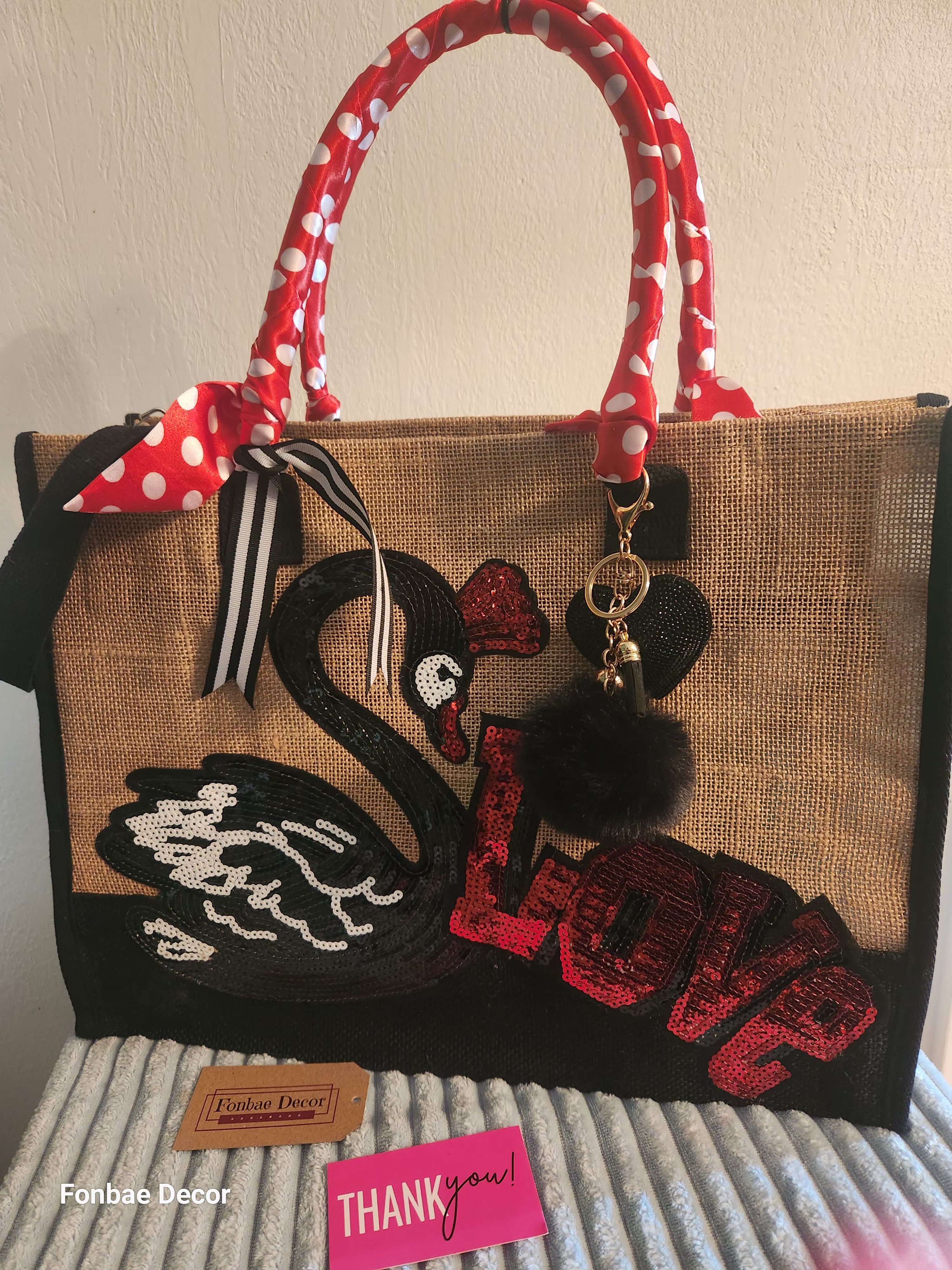 Custom Large Jute Tote Handbag with Swan Love Sequin Embroidery Patch