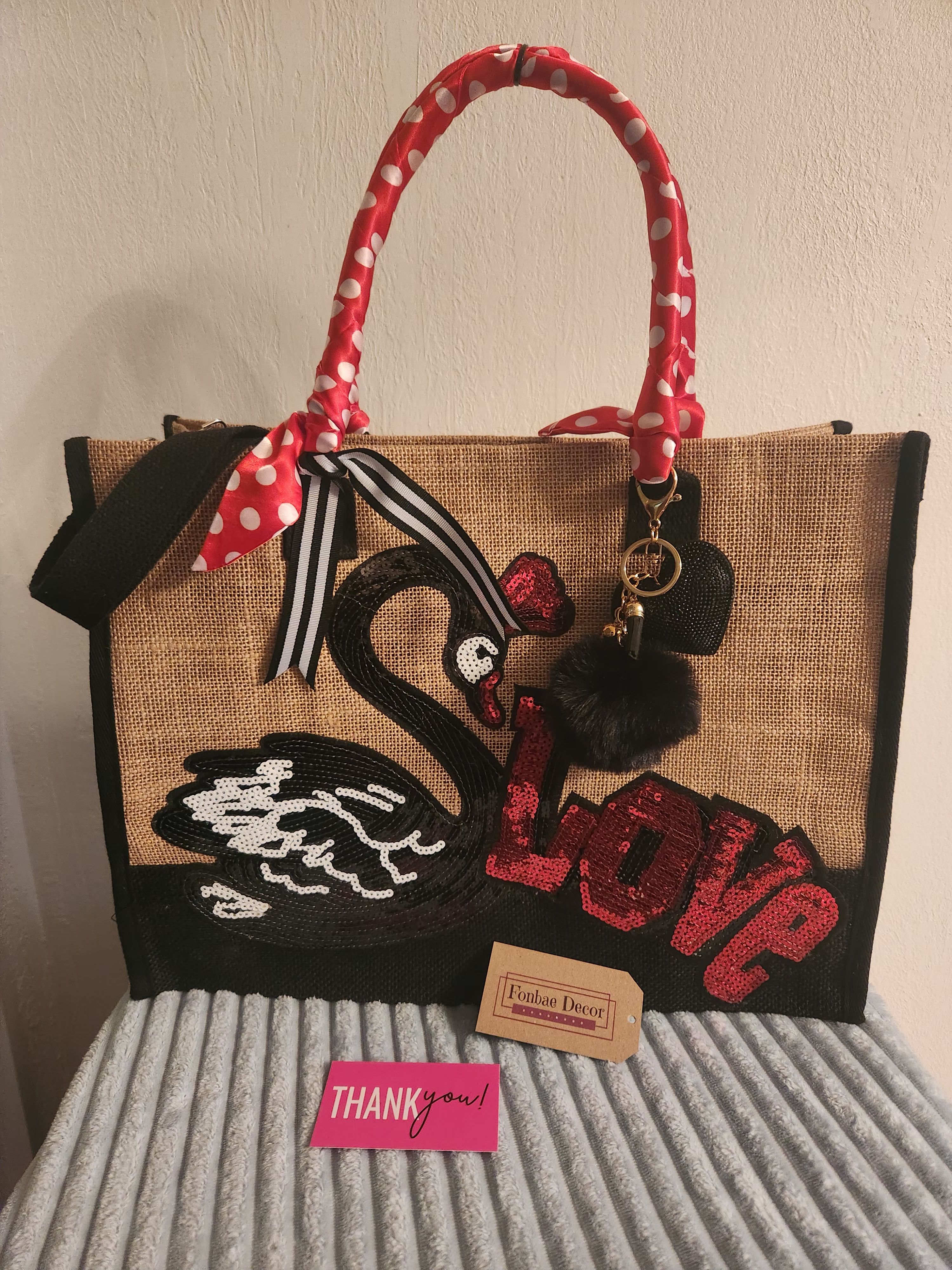 Custom Large Jute Tote Handbag with Swan Love Sequin Embroidery Patch
