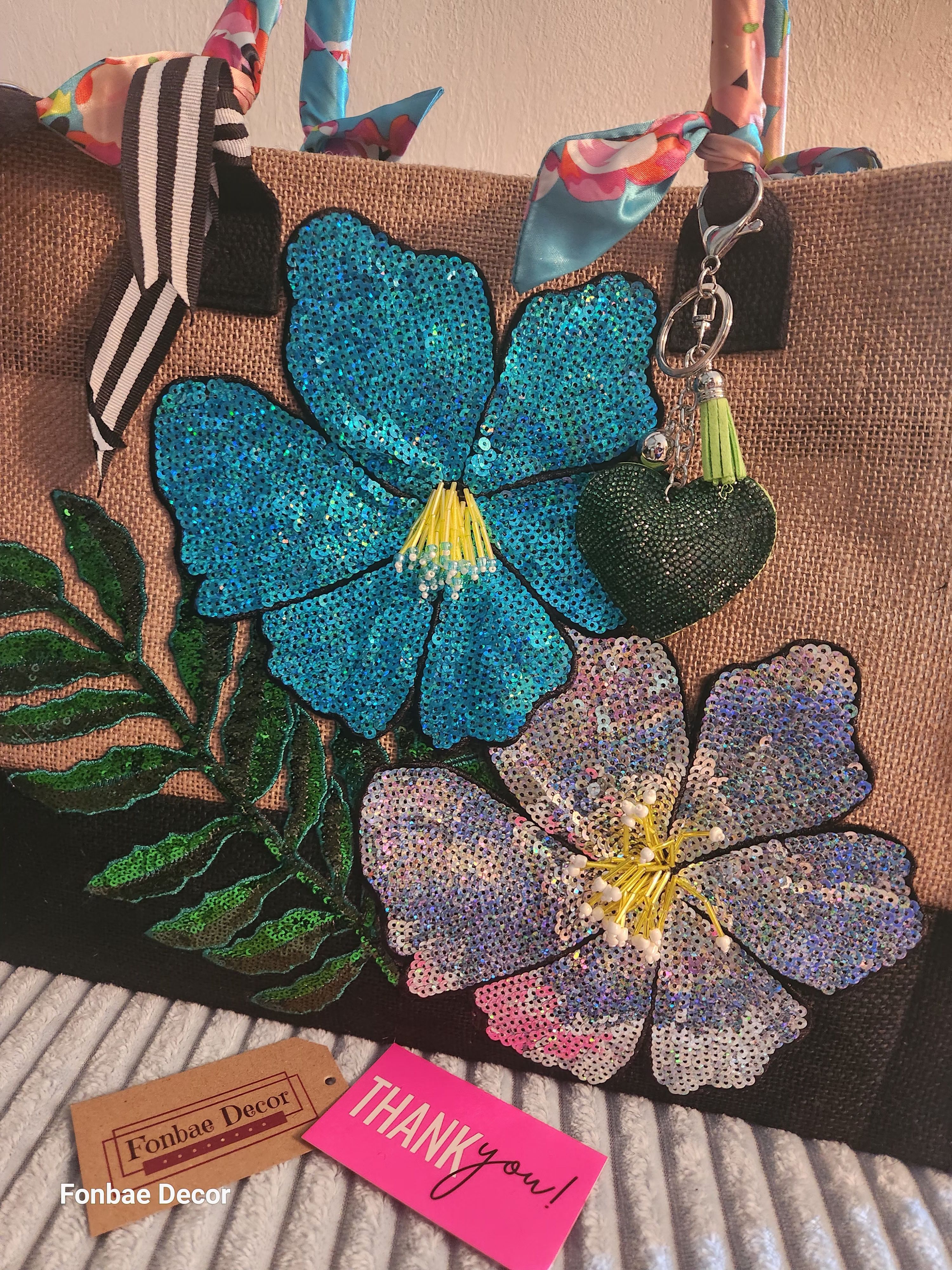 Handcrafted Turquoise & Silver Sequin Floral Tote Bag