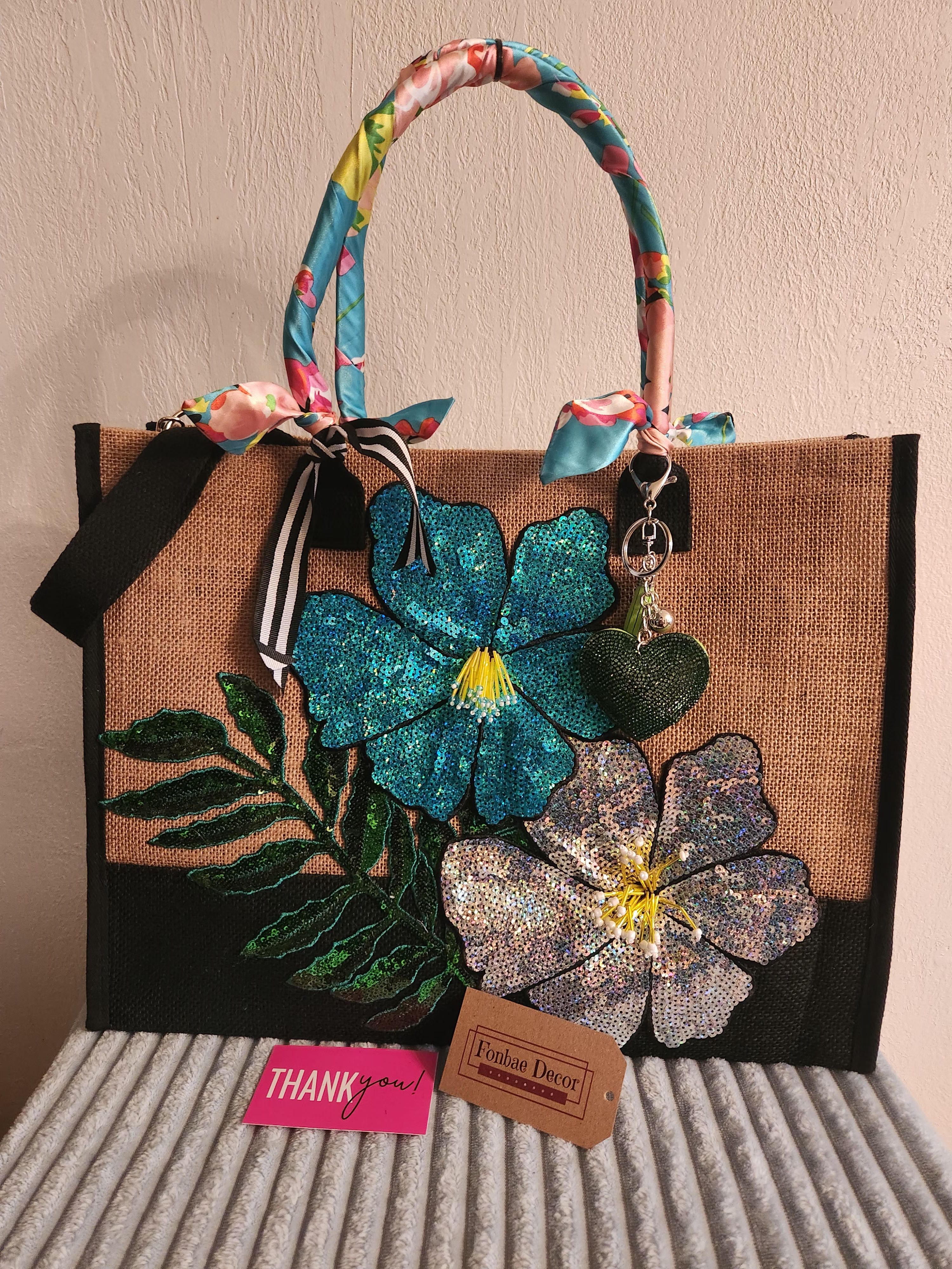 Handcrafted Turquoise & Silver Sequin Floral Tote Bag