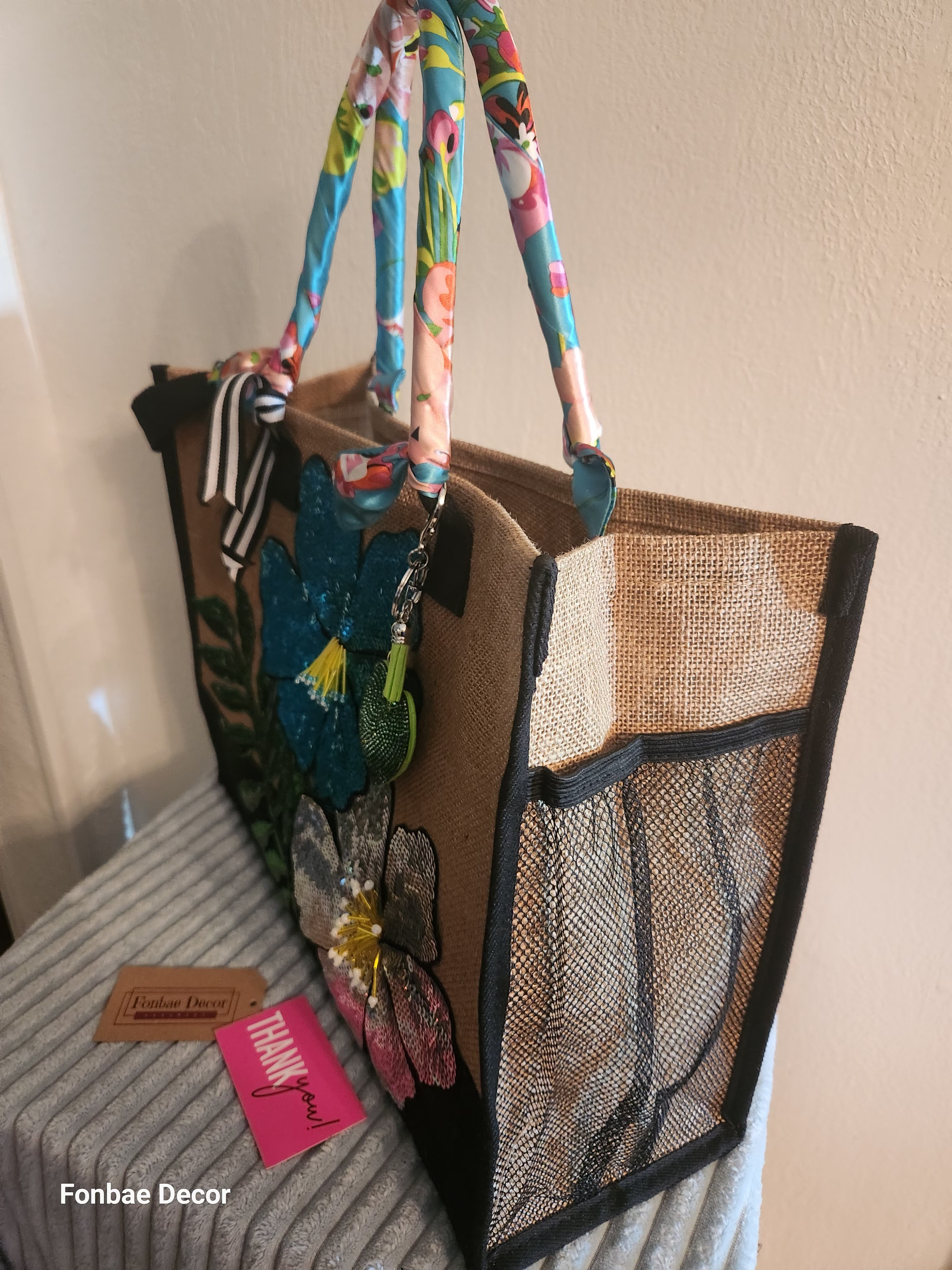 Handcrafted Turquoise & Silver Sequin Floral Tote Bag