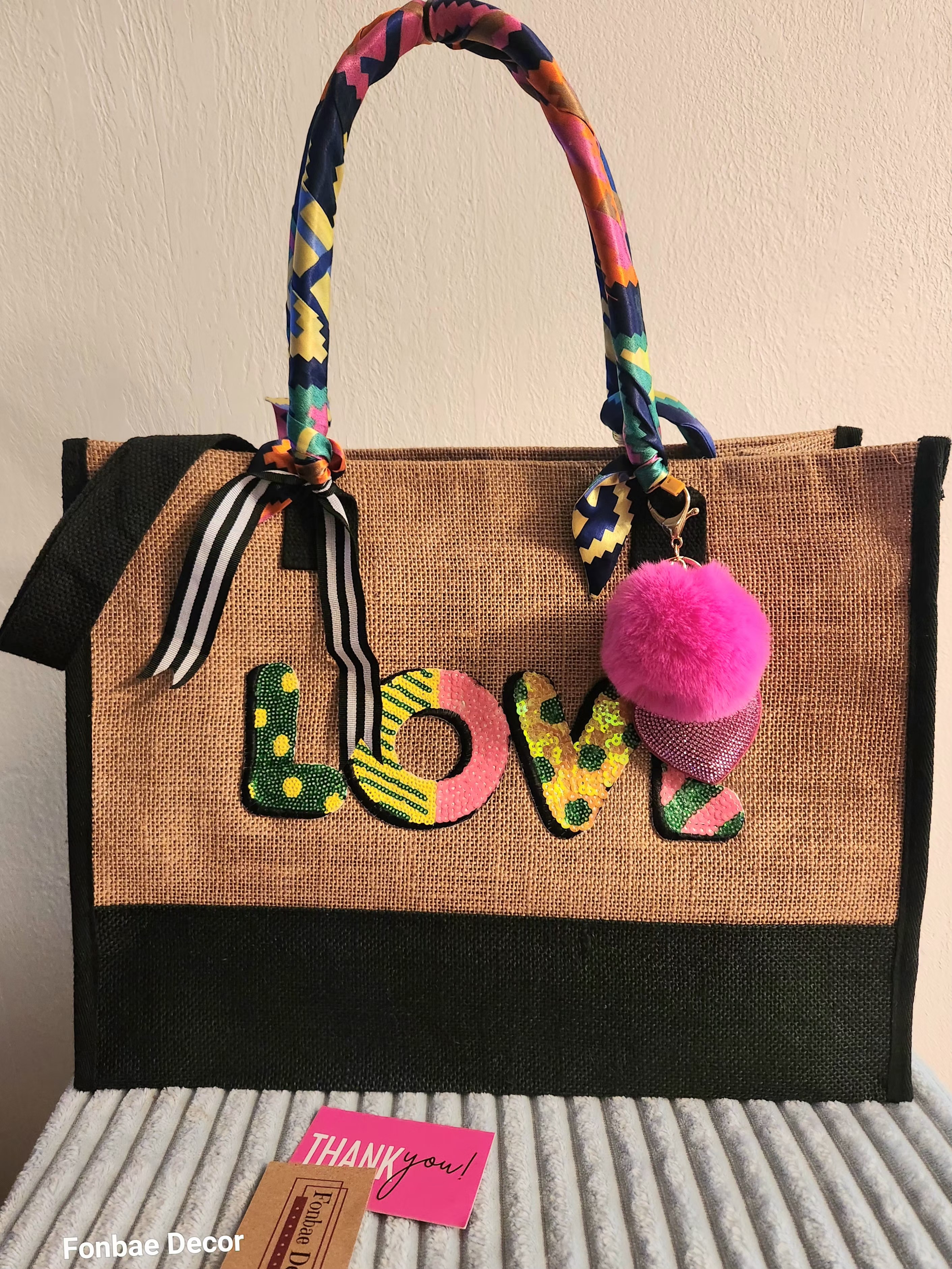 Jute tote bag with Love Sequin Embroidery Patch: